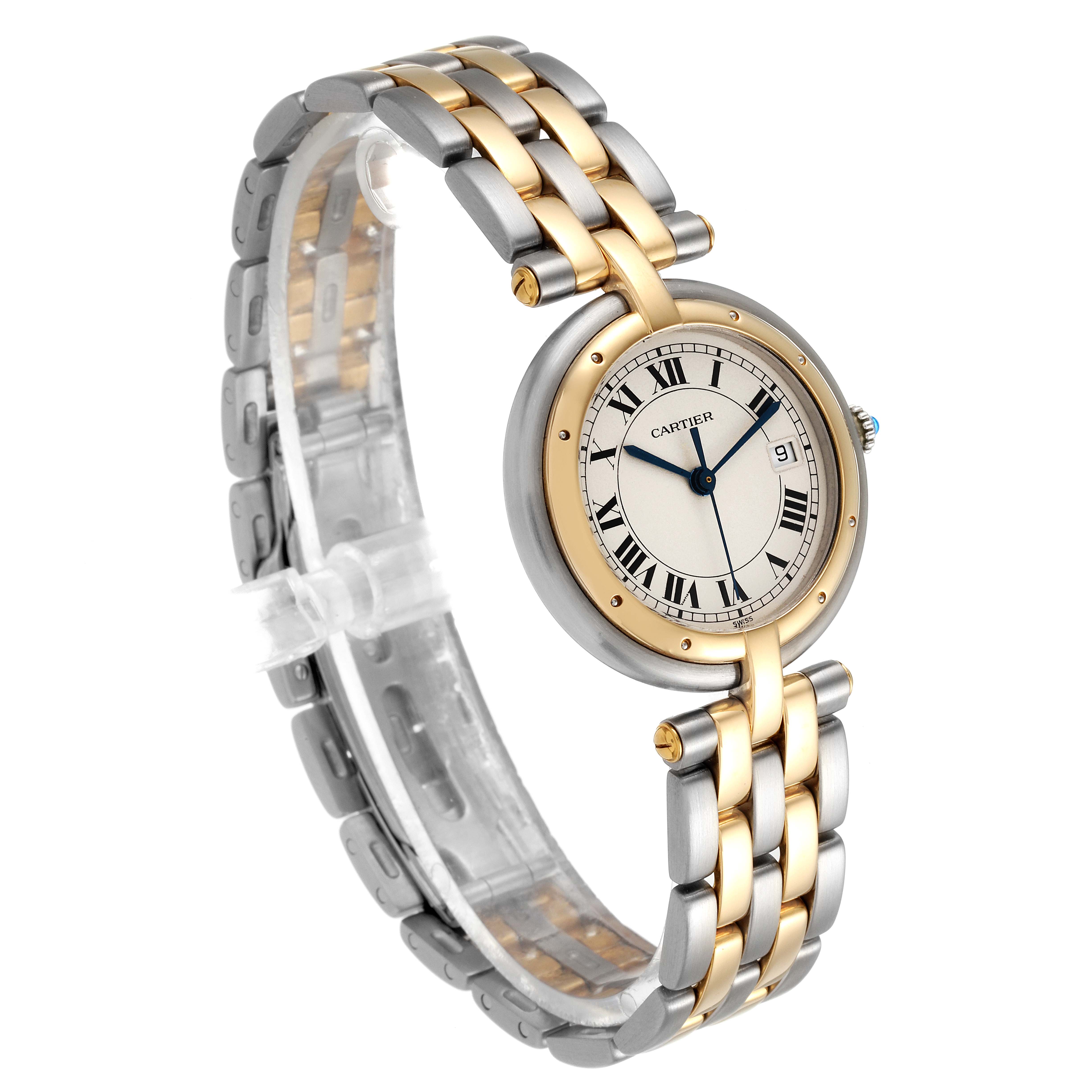 The image shows a side-angle view of the Cartier Panthere 183964 Women's Steel and Gold (two tone) Silver Dial 183964 Women's Steel and Gold (two tone) Silver Dial model watch, highlighting the bracelet and dial.