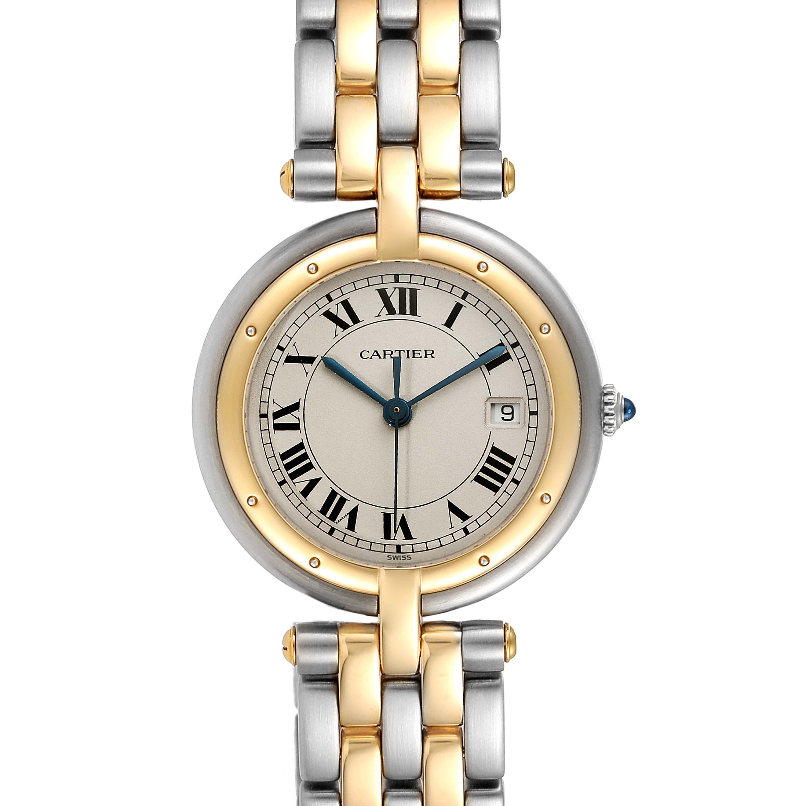 The image shows a close-up of the Cartier Panthere 183964 Women's Steel and Gold (two tone) Silver Dial 183964 Women's Steel and Gold (two tone) Silver Dial watch, highlighting the round dial, two-tone bezel, and metal bracelet.