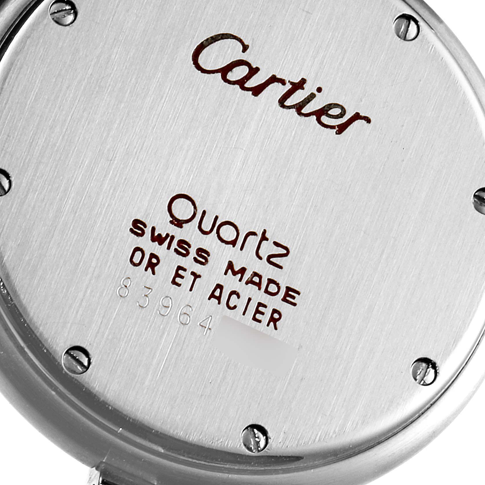 This image shows the back case of a Cartier Panthere 183964 Women's Steel and Gold (two tone) Silver Dial 183964 Women's Steel and Gold (two tone) Silver Dial Quartz watch, displaying the brand's logo and specifications.