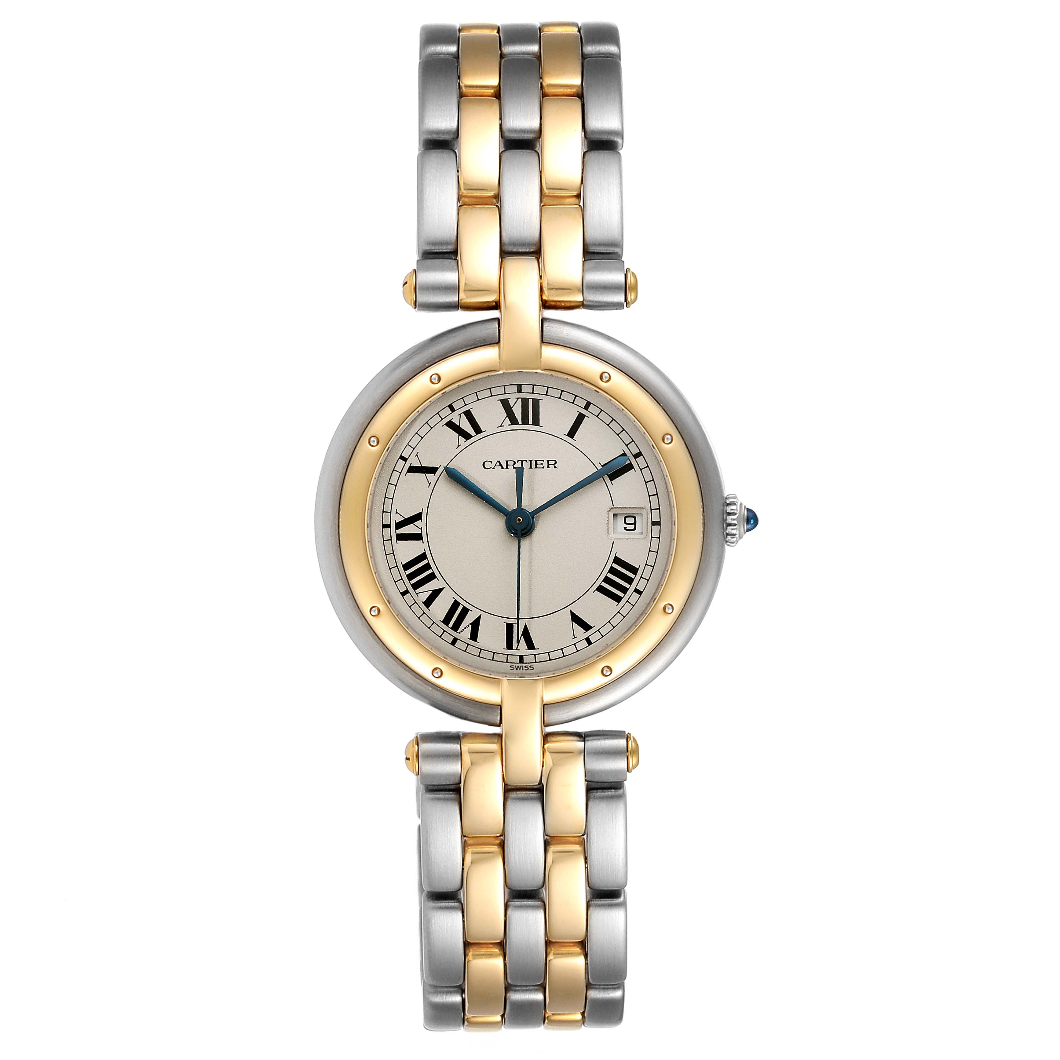 The image shows a Cartier Panthere 183964 Women's Steel and Gold (two tone) Silver Dial 183964 Women's Steel and Gold (two tone) Silver Dial watch from a front view, highlighting its dial, hands, bezel, and two-tone bracelet.