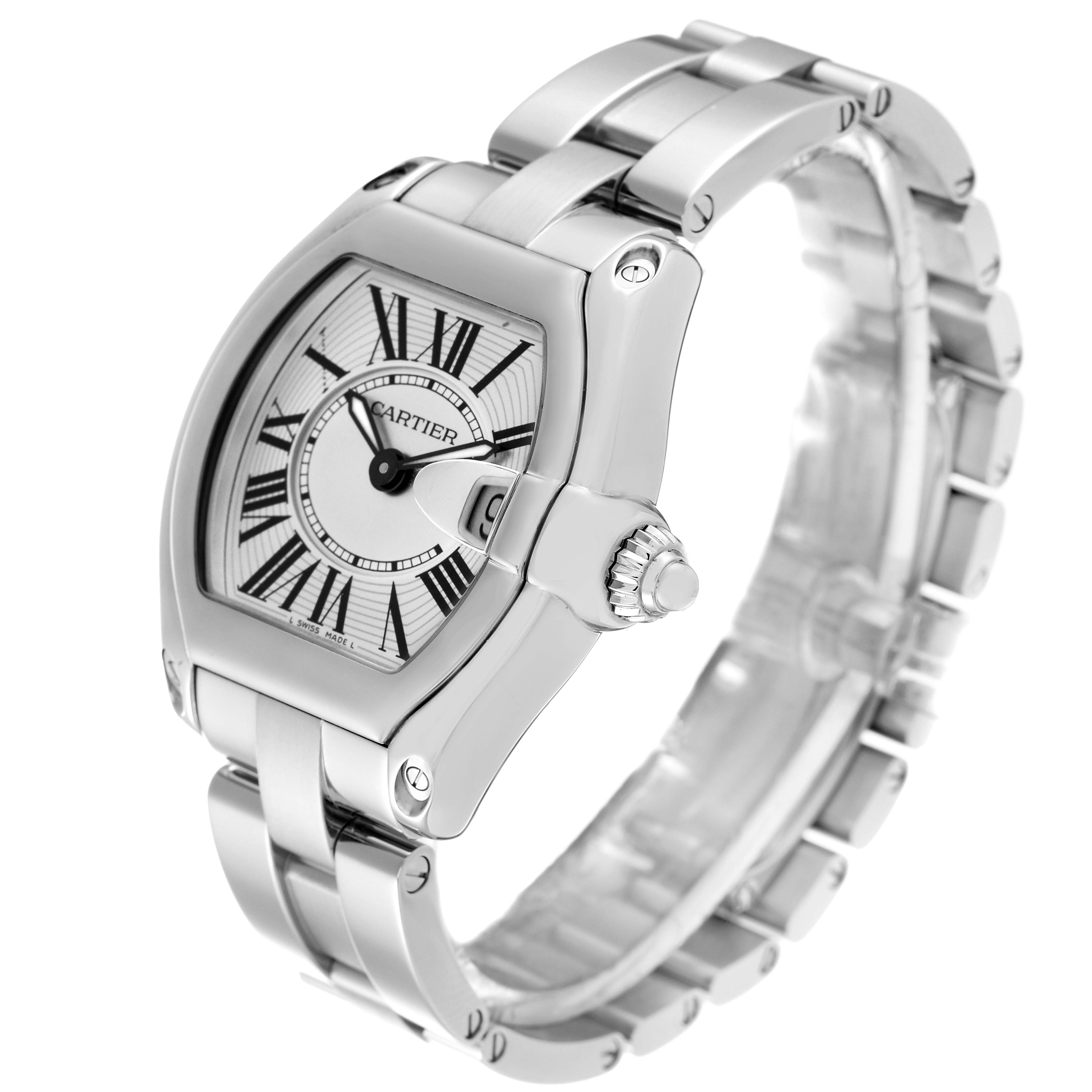 The image shows a Cartier Roadster W62016V3 Women's Stainless Steel Silver Dial W62016V3 Women's Stainless Steel Silver Dial watch at a slight angle, highlighting the face, bezel, crown, and part of the metal bracelet.