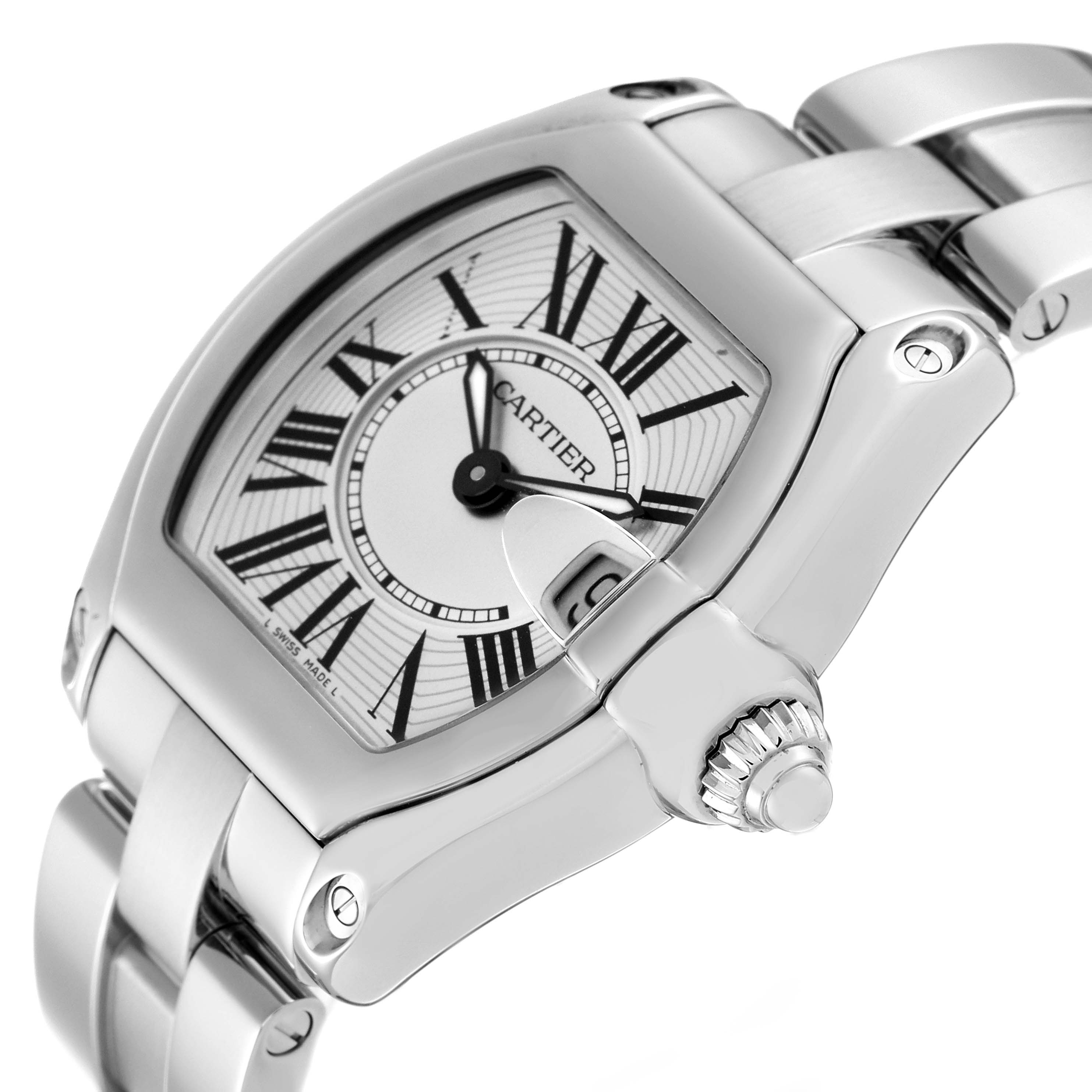 The image shows a close-up angle of the Cartier Roadster W62016V3 Women's Stainless Steel Silver Dial W62016V3 Women's Stainless Steel Silver Dial watch, highlighting the dial, bezel, crown, and part of the bracelet.