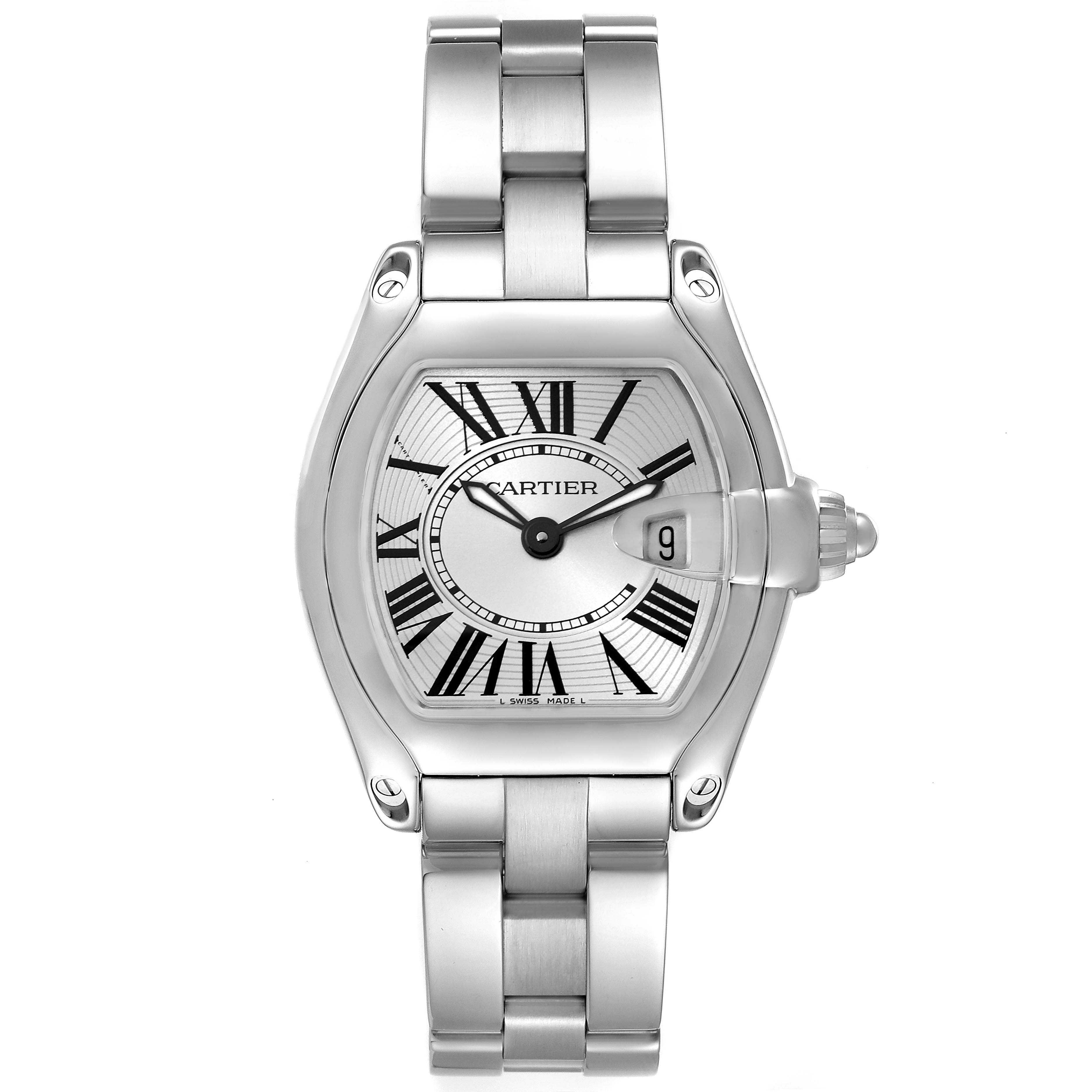 This image shows a front view of the Cartier Roadster W62016V3 Women's Stainless Steel Silver Dial W62016V3 Women's Stainless Steel Silver Dial watch, highlighting its dial, Roman numeral markers, and stainless steel bracelet.