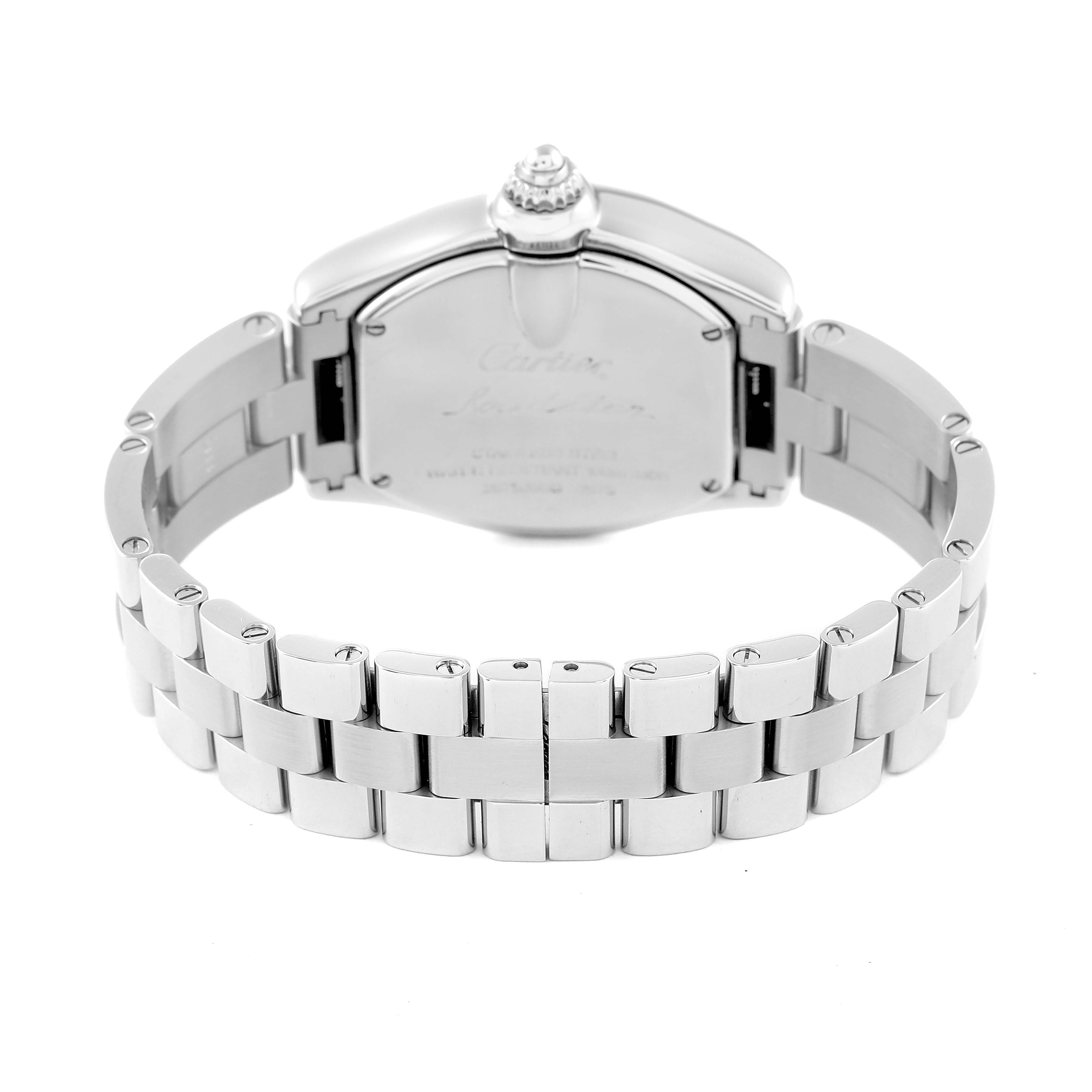 The image shows the back view of a Cartier Roadster W62016V3 Women's Stainless Steel Silver Dial W62016V3 Women's Stainless Steel Silver Dial watch, displaying its stainless steel bracelet and case back.
