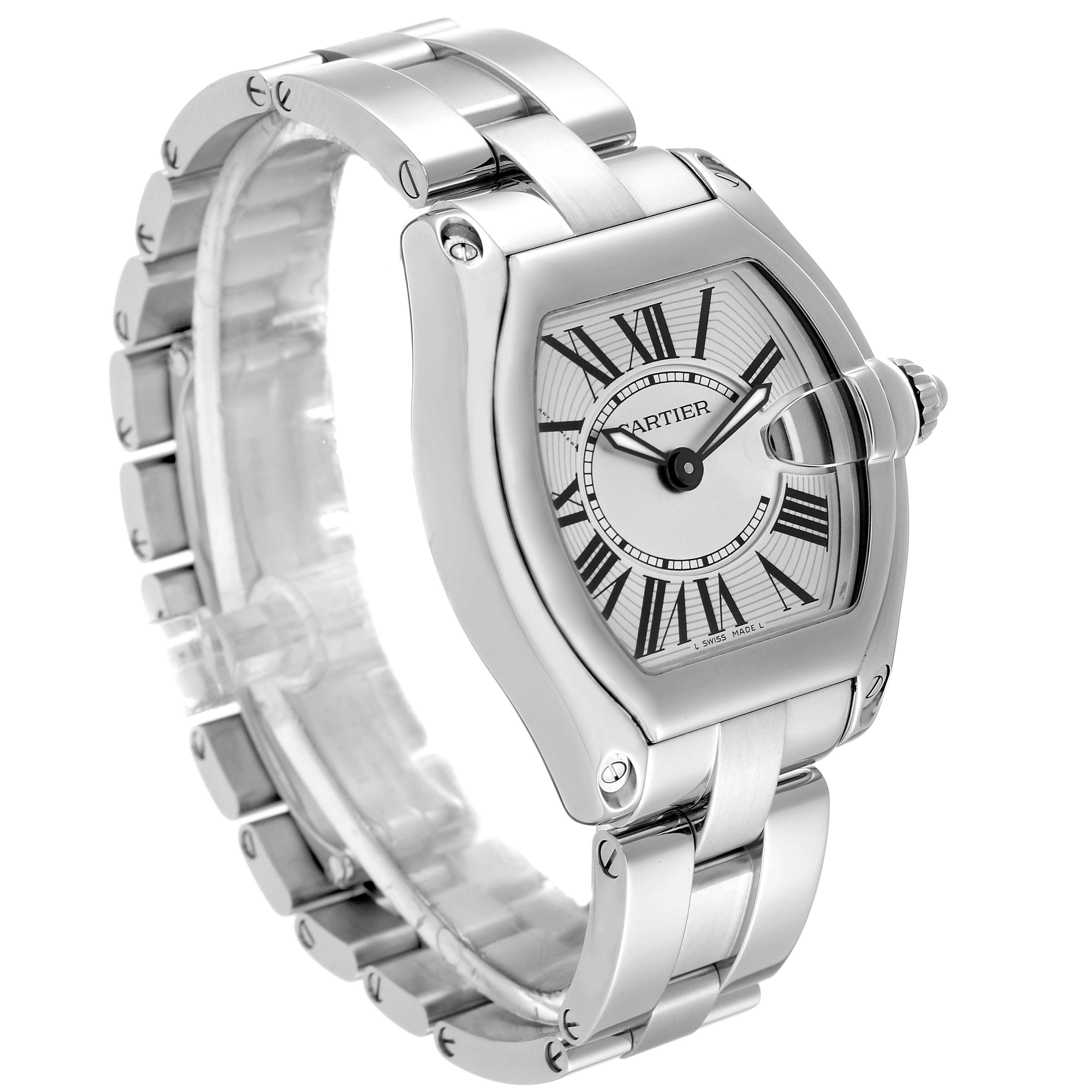 This image shows a Cartier Roadster W62016V3 Women's Stainless Steel Silver Dial W62016V3 Women's Stainless Steel Silver Dial watch at an oblique angle, highlighting the bracelet, case, and dial with Roman numeral markers.
