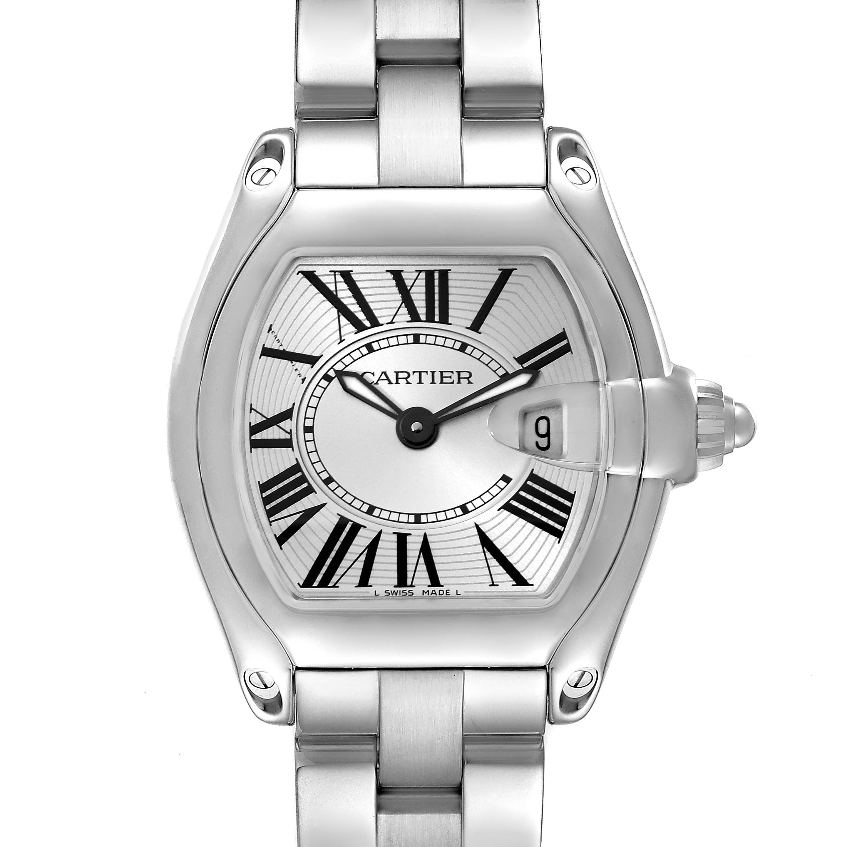 The image shows a frontal view of a Cartier Roadster W62016V3 Women's Stainless Steel Silver Dial W62016V3 Women's Stainless Steel Silver Dial watch, highlighting the dial, hands, date window, case, and bracelet.