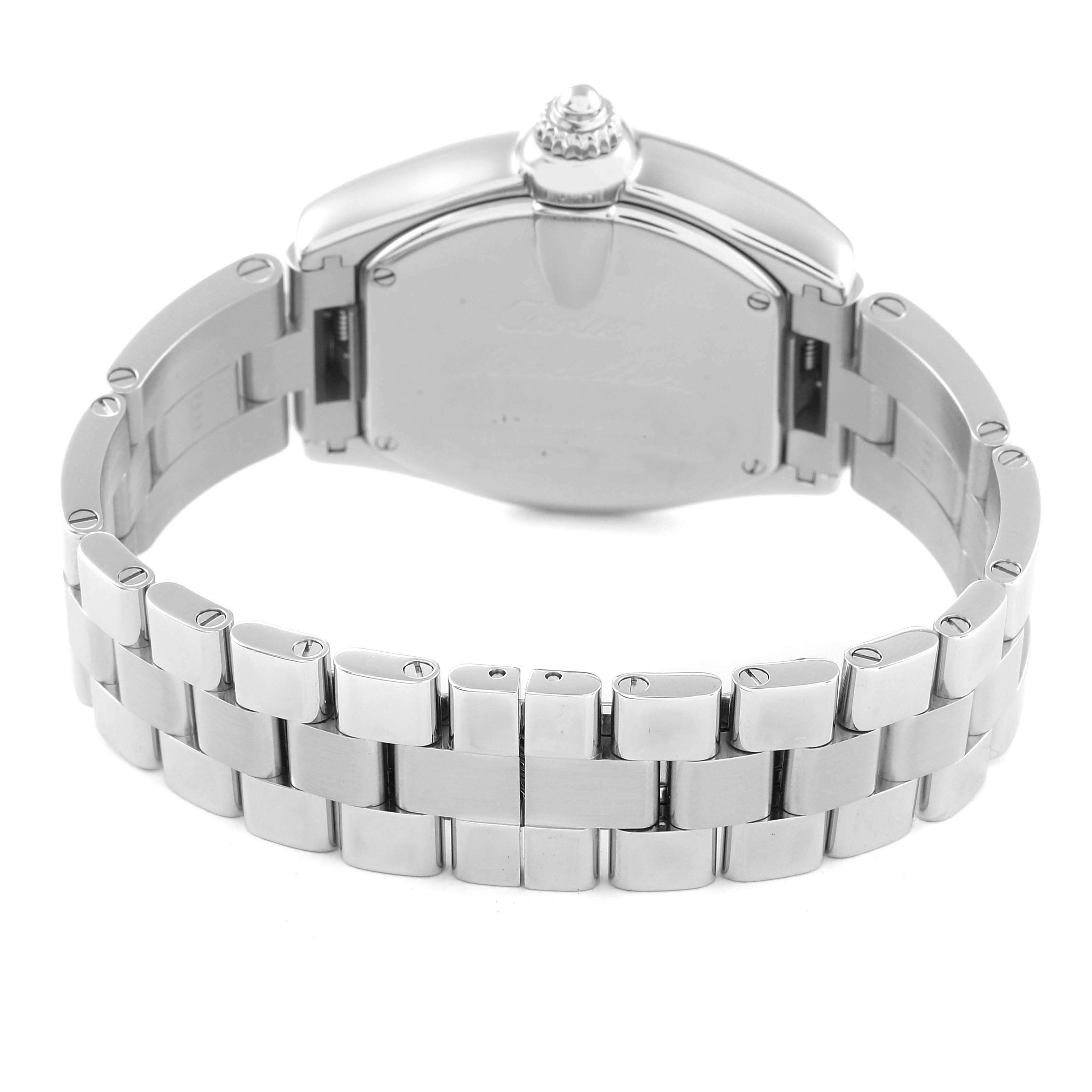 This image shows the back and bracelet of a Cartier Roadster W62016V3 Women
s Stainless Steel Silver Dial W62016V3 Women
s Stainless Steel Silver Dial watch, focusing on the rear case and metal links.