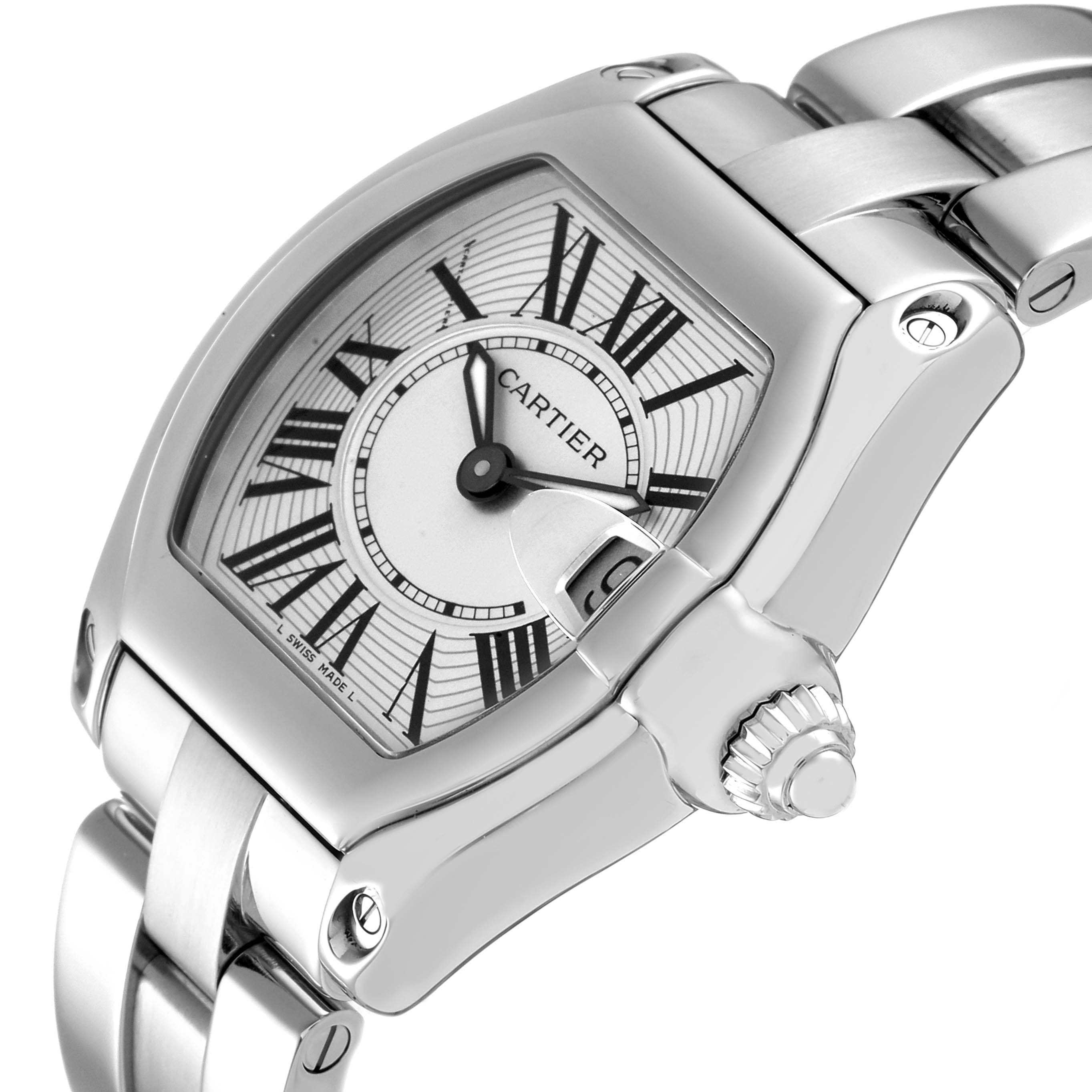 This image shows a close-up angle of the Cartier Roadster W62016V3 Women
s Stainless Steel Silver Dial W62016V3 Women
s Stainless Steel Silver Dial watch, highlighting its face, crown, and part of the bracelet.
