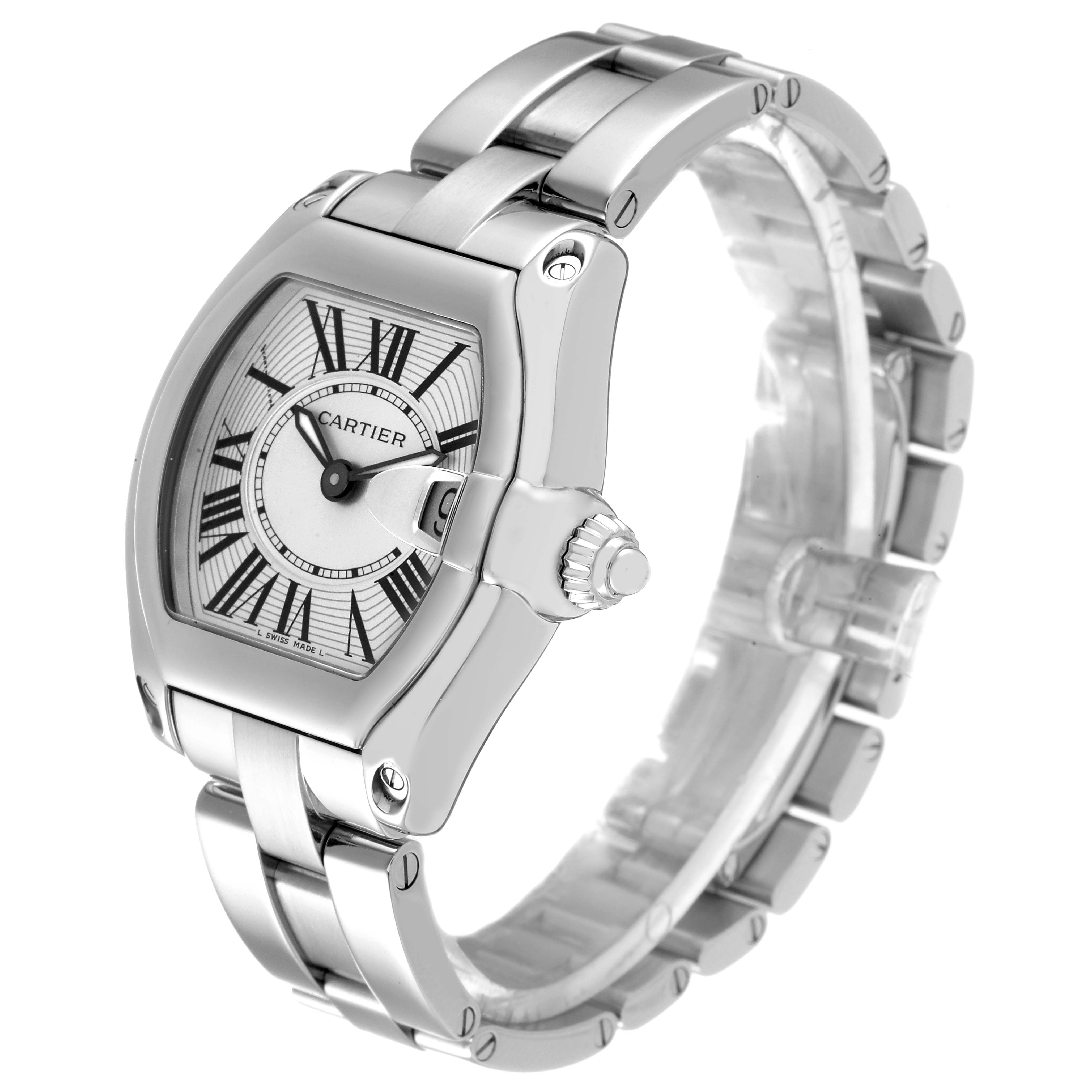 The Cartier Roadster W62016V3 Women
s Stainless Steel Silver Dial W62016V3 Women
s Stainless Steel Silver Dial watch is shown at a three-quarter angle, displaying the face, crown, and metal bracelet.