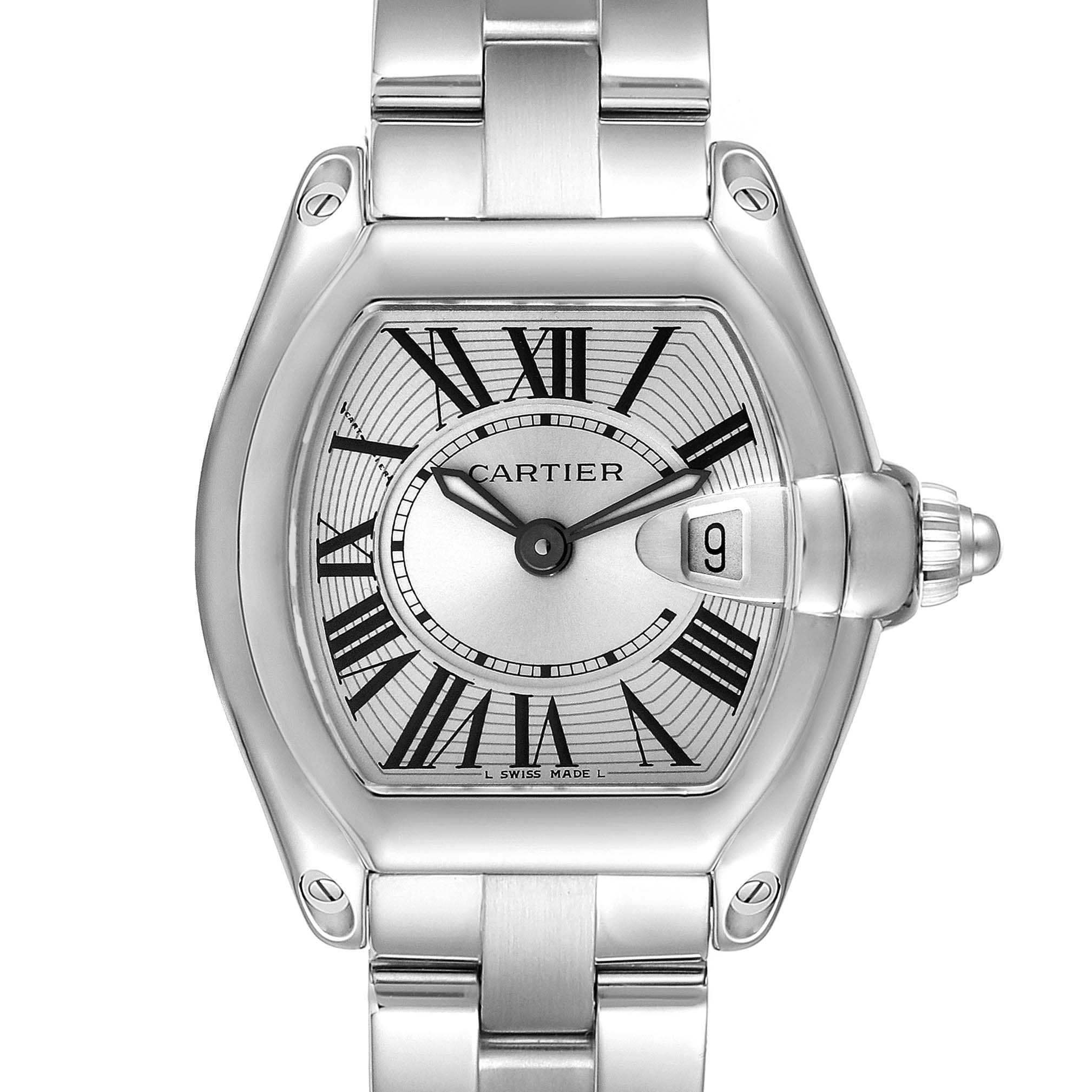 This is a close-up view of the Cartier Roadster W62016V3 Women
s Stainless Steel Silver Dial W62016V3 Women
s Stainless Steel Silver Dial watch showing the face, crown, and part of the bracelet.