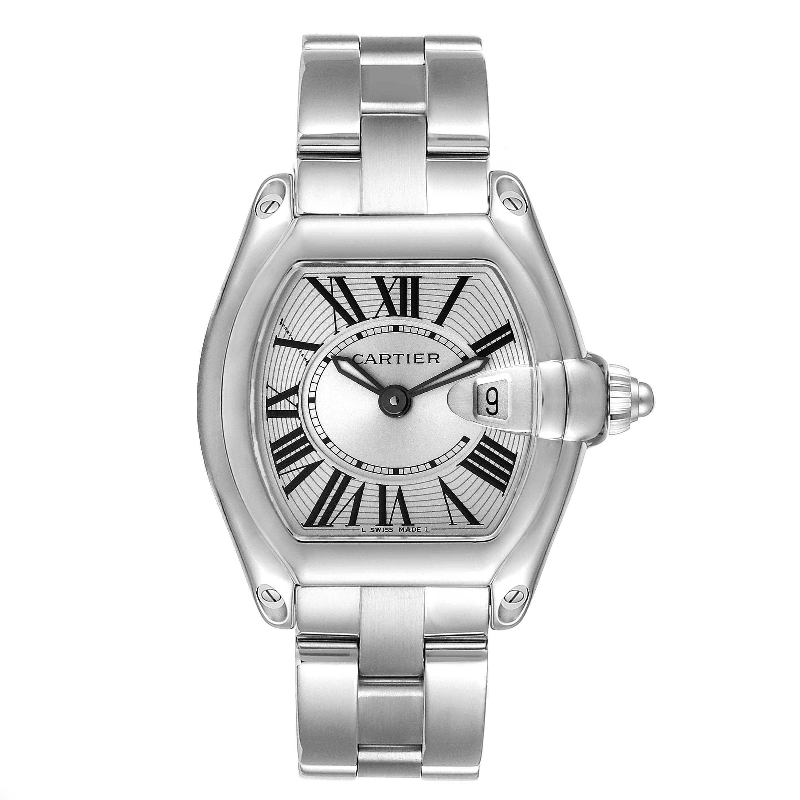 This image shows a top-view angle of the Cartier Roadster W62016V3 Women
s Stainless Steel Silver Dial W62016V3 Women
s Stainless Steel Silver Dial watch, displaying the dial, case, and bracelet.