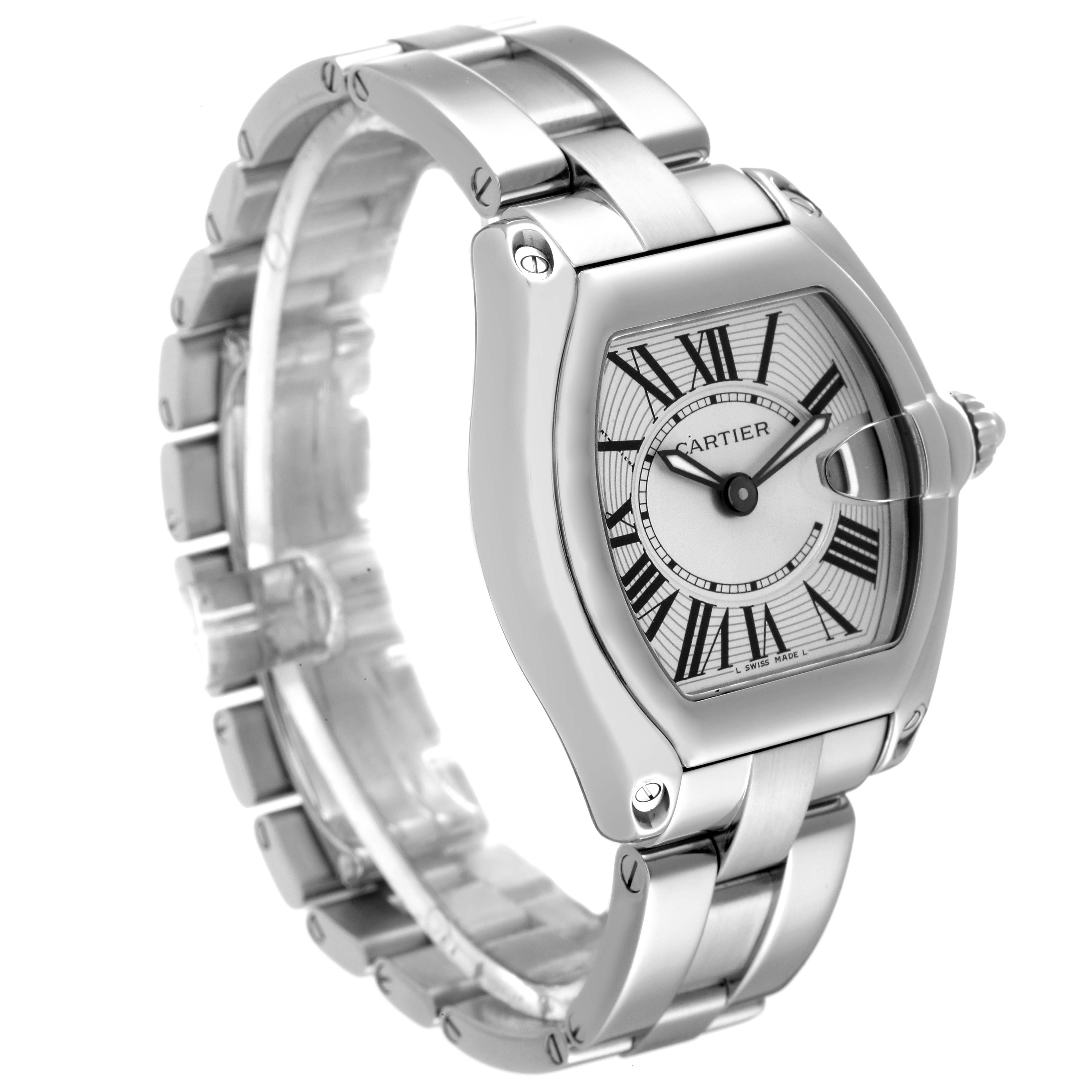 The image shows a three-quarter view of the Cartier Roadster W62016V3 Women
s Stainless Steel Silver Dial W62016V3 Women
s Stainless Steel Silver Dial watch, highlighting the face, bezel, and metal bracelet.
