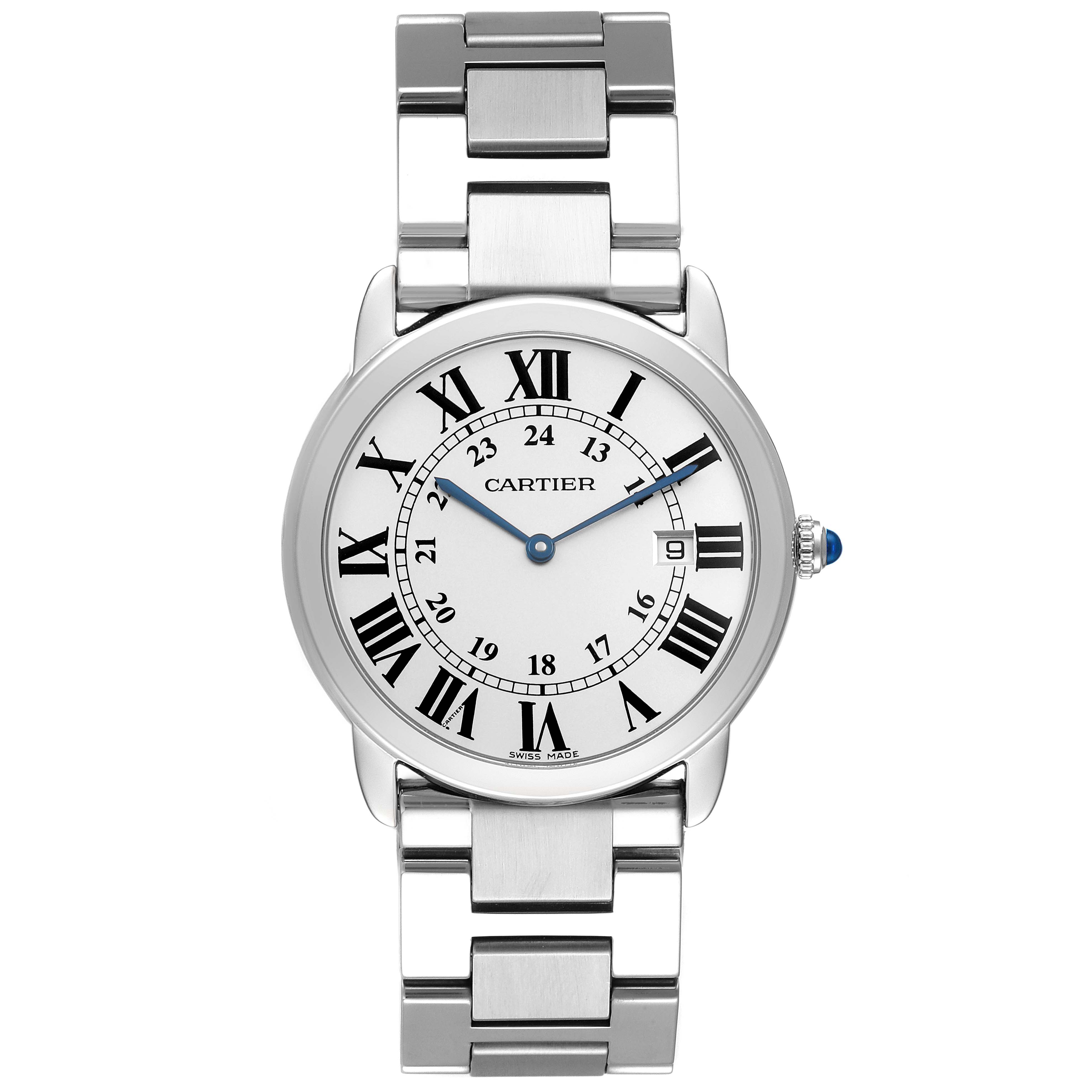 The Cartier Ronde W6701005 Men's Stainless Steel Silver Dial watch is shown from a top-down angle, displaying the face, Roman numeral markers, hands, bracelet, and crown.