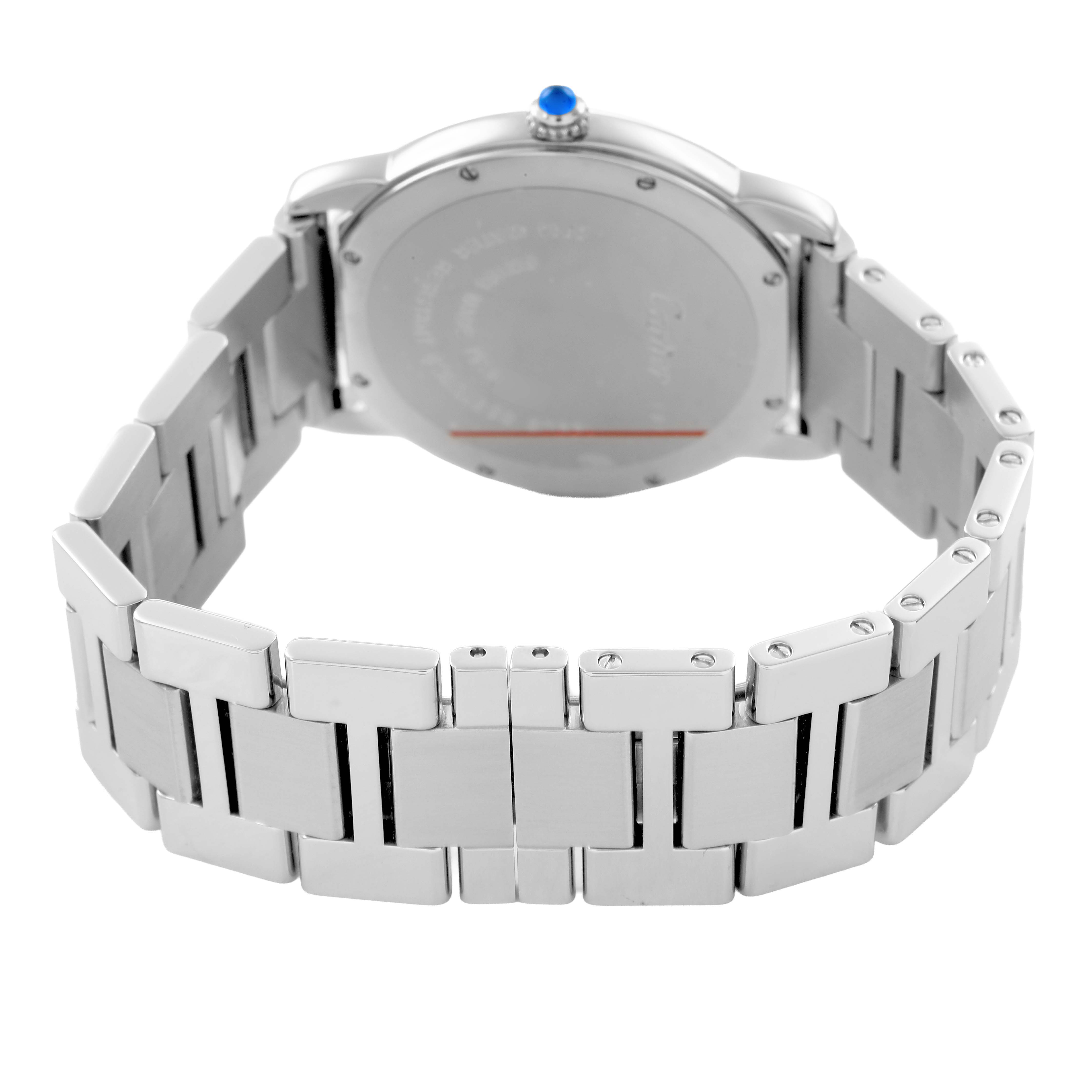 The Cartier Ronde W6701005 Men's Stainless Steel Silver Dial watch is shown from the back, highlighting its stainless steel bracelet and caseback.