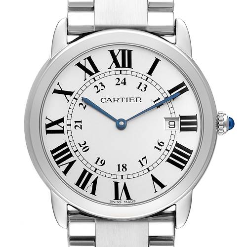 The Cartier Ronde W6701005 Men's Stainless Steel Silver Dial watch is shown from a top-down angle, highlighting the Roman numerals, blue hands, and the crown.