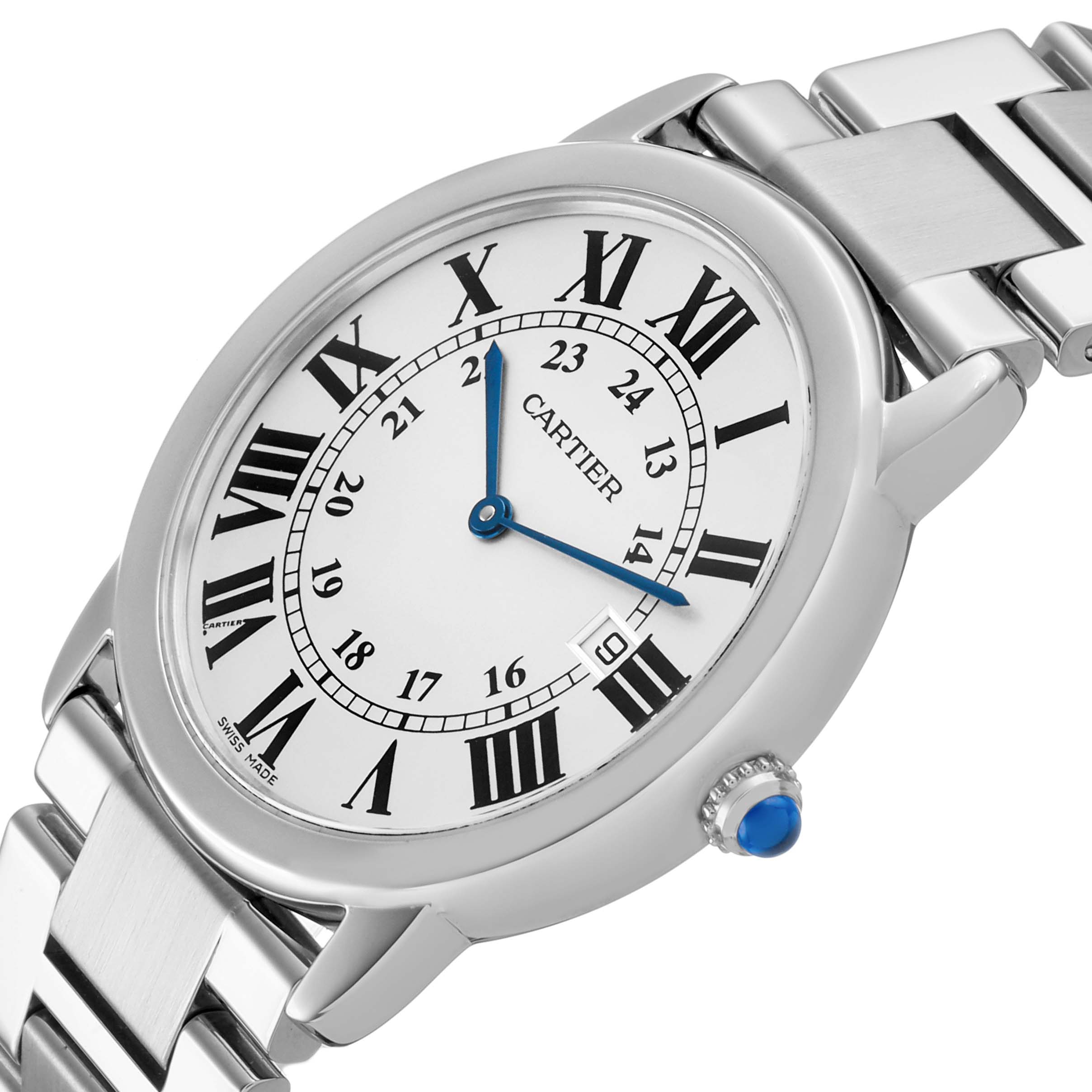 The Cartier Ronde W6701005 Men's Stainless Steel Silver Dial watch is shown at an oblique angle displaying its face, bezel, and bracelet, highlighting the crown with a blue cabochon.