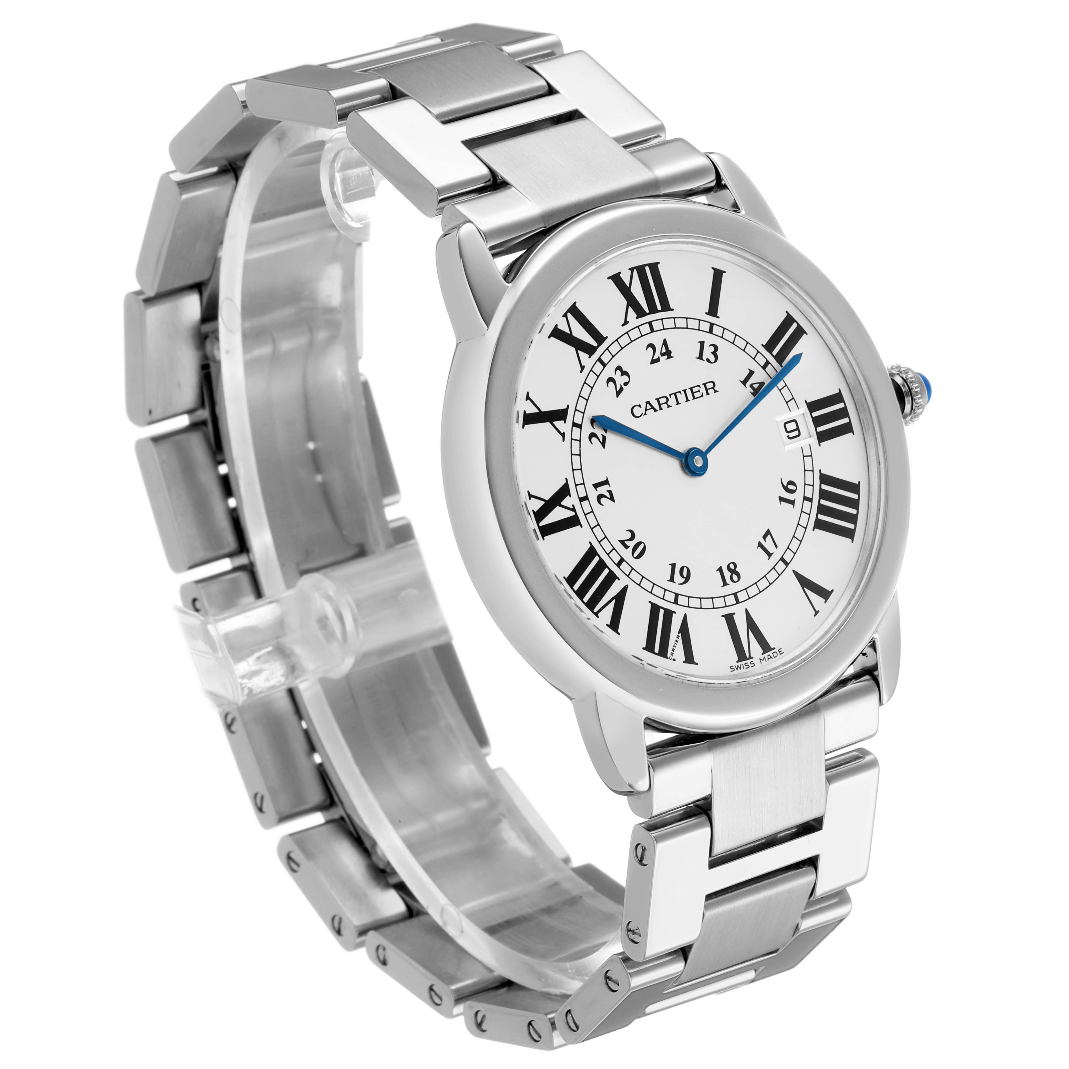 The Cartier Ronde W6701005 Men's Stainless Steel Silver Dial watch is shown at a three-quarter angle, highlighting the dial, bracelet, and crown.