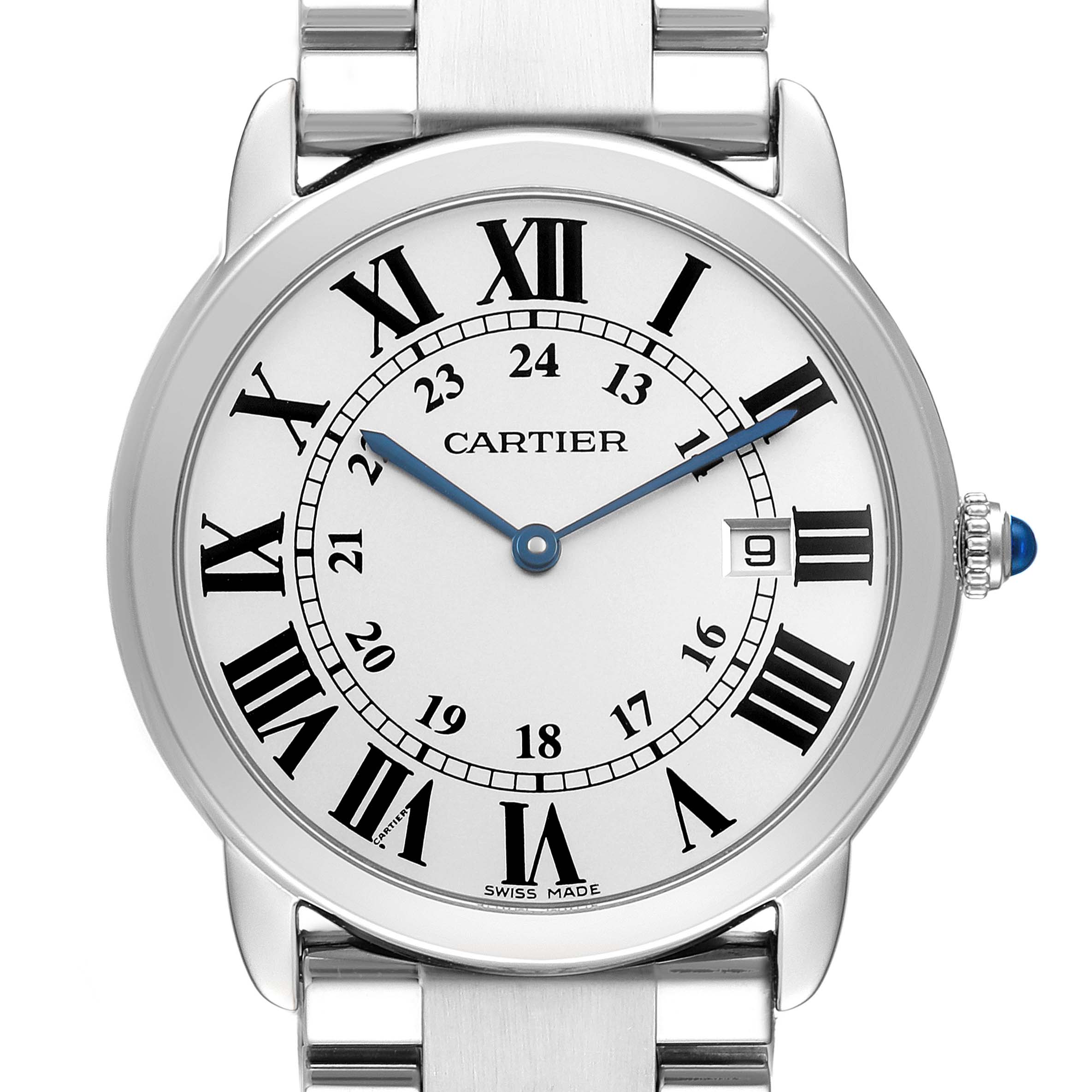 The Cartier Ronde W6701005 Men's Stainless Steel Silver Dial watch is shown from a front angle, displaying its face, Roman numerals, blue hands, and metal bracelet.