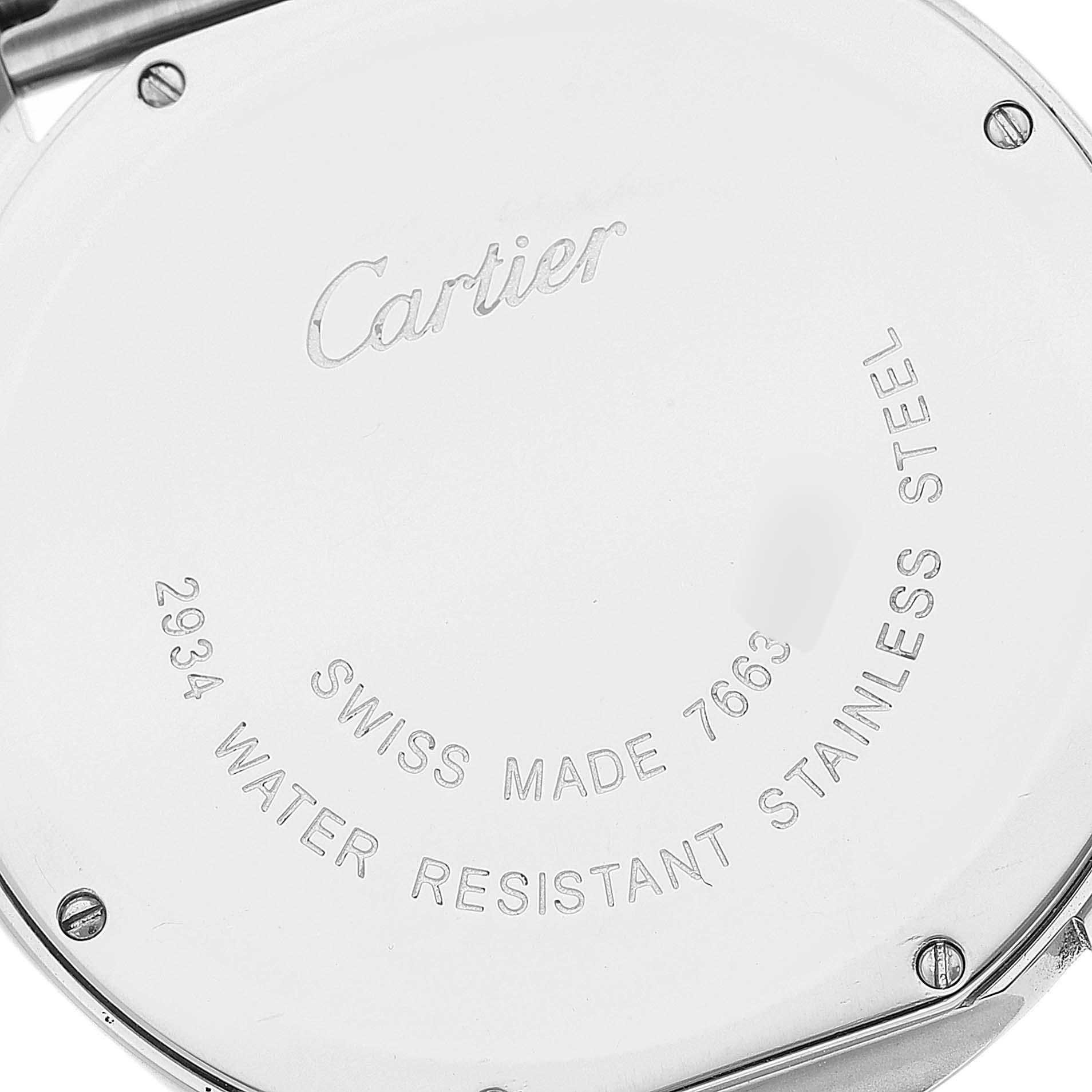 This image shows the back case of a Cartier Ronde W6701005 Men
s Stainless Steel Silver Dial W6701005 Men
s Stainless Steel Silver Dial model watch, highlighting its engravings.
