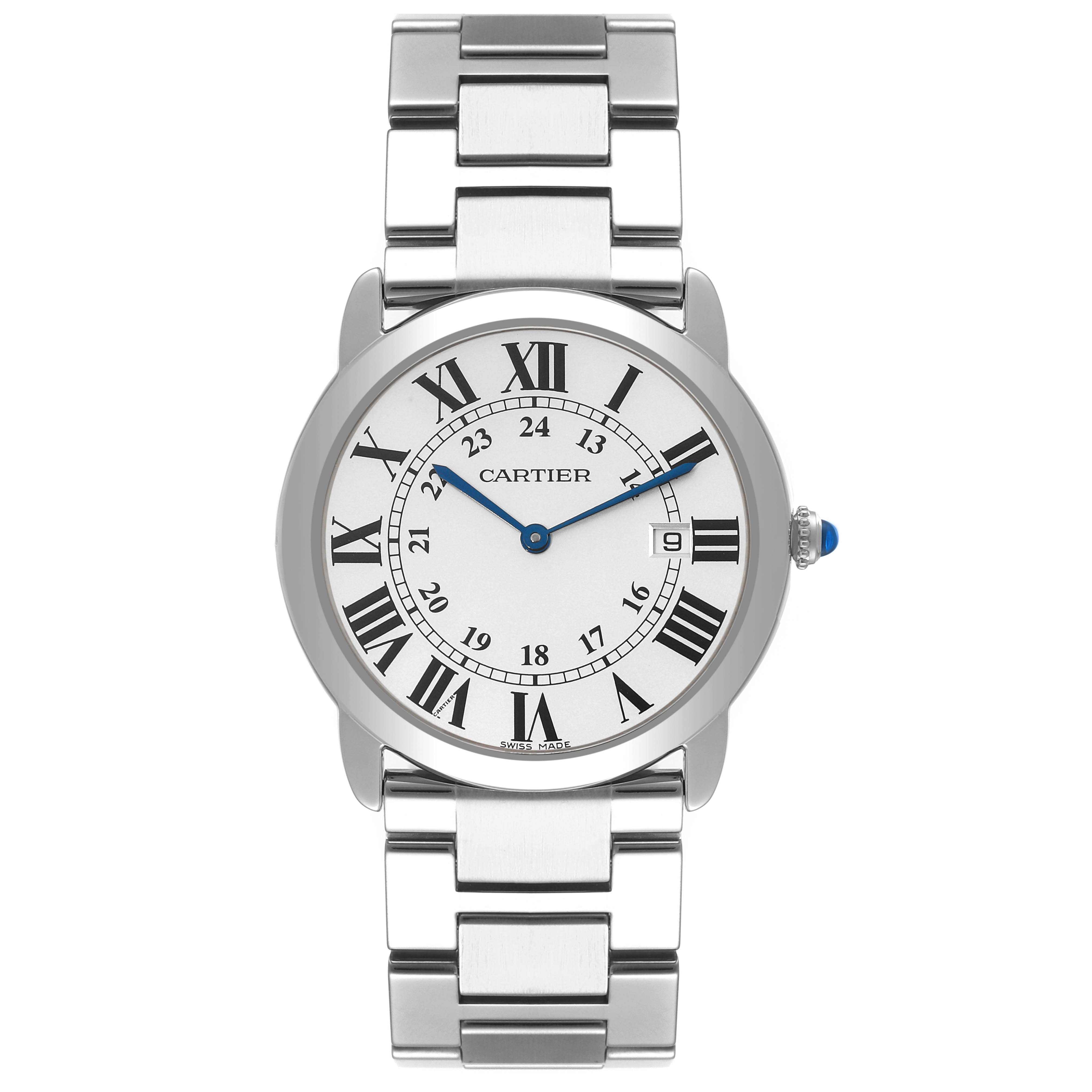 This image shows a frontal view of a Cartier Ronde W6701005 Men
s Stainless Steel Silver Dial W6701005 Men
s Stainless Steel Silver Dial watch, including the face, bezel, hands, bracelet, and crown with a blue stone.
