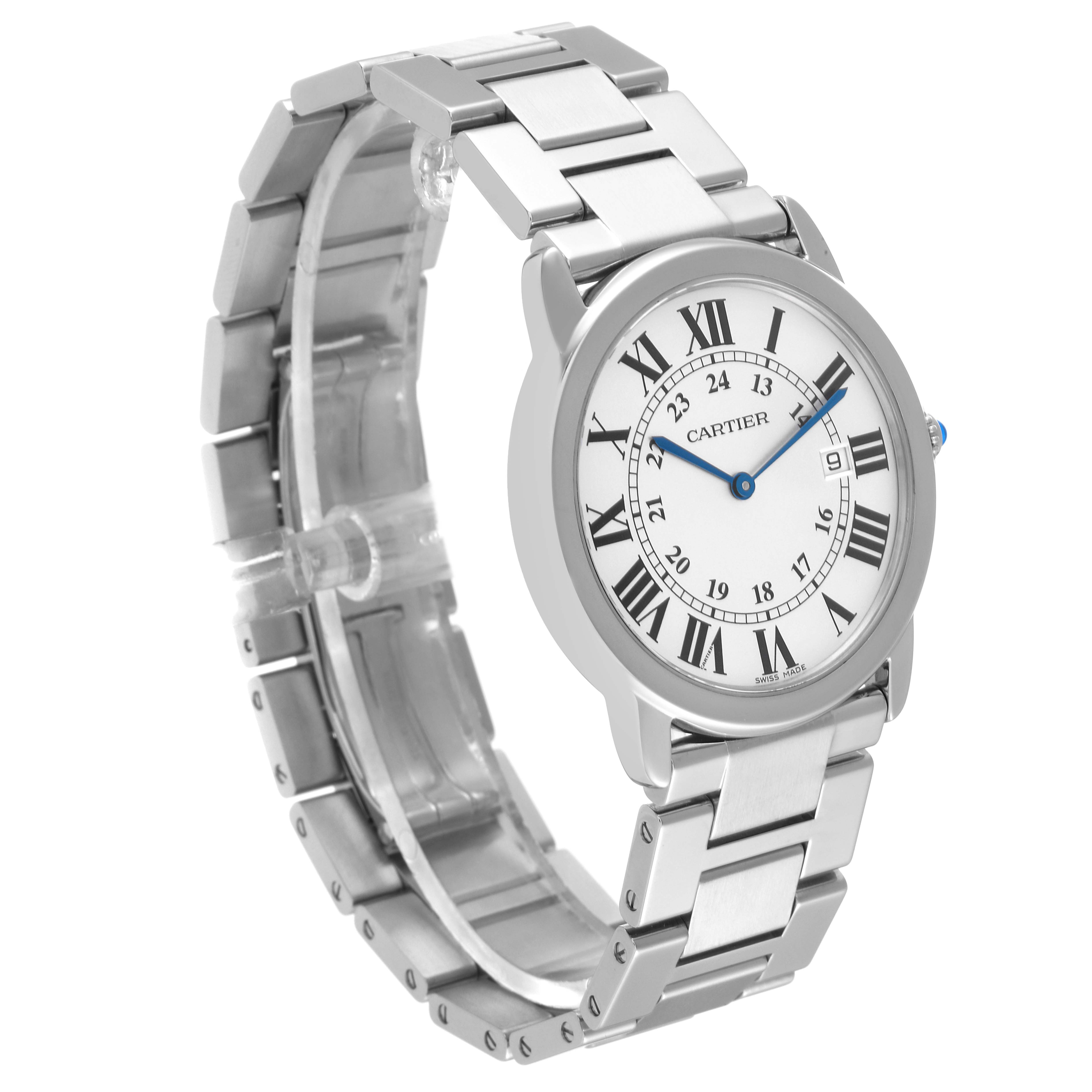The image shows the Cartier Ronde W6701005 Men
s Stainless Steel Silver Dial W6701005 Men
s Stainless Steel Silver Dial watch at a three-quarter angle, highlighting the face, bezel, and stainless steel bracelet.