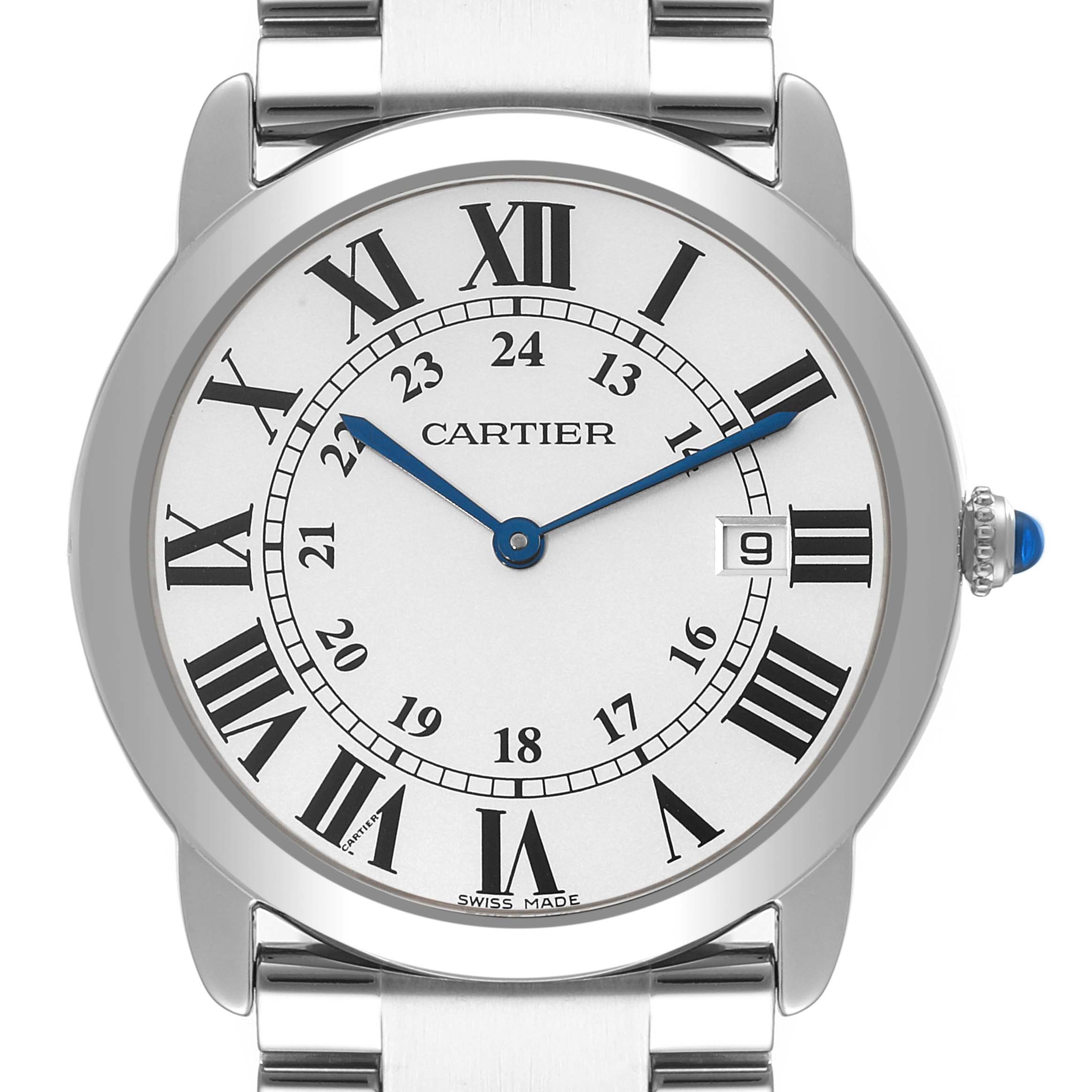 This image shows a frontal view of the Cartier Ronde W6701005 Men
s Stainless Steel Silver Dial W6701005 Men
s Stainless Steel Silver Dial watch, highlighting its dial, hands, date window, and part of its metal bracelet.