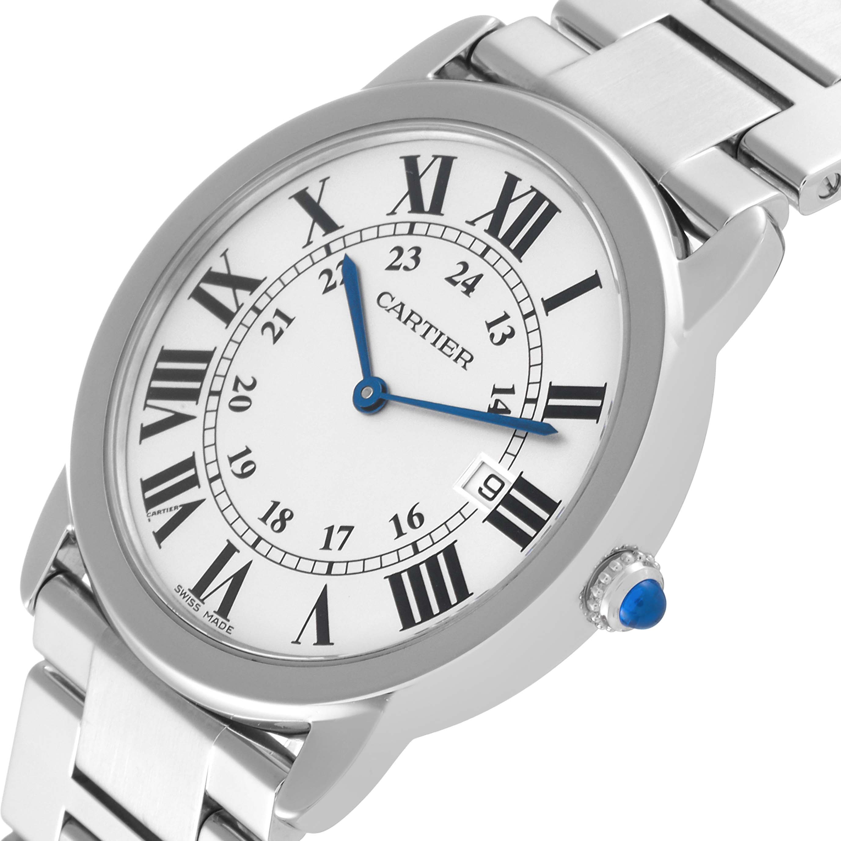 The Cartier Ronde W6701005 Men
s Stainless Steel Silver Dial W6701005 Men
s Stainless Steel Silver Dial watch is shown at a slight angle, highlighting the face, bezel, bracelet, and the crown with a blue cabochon.