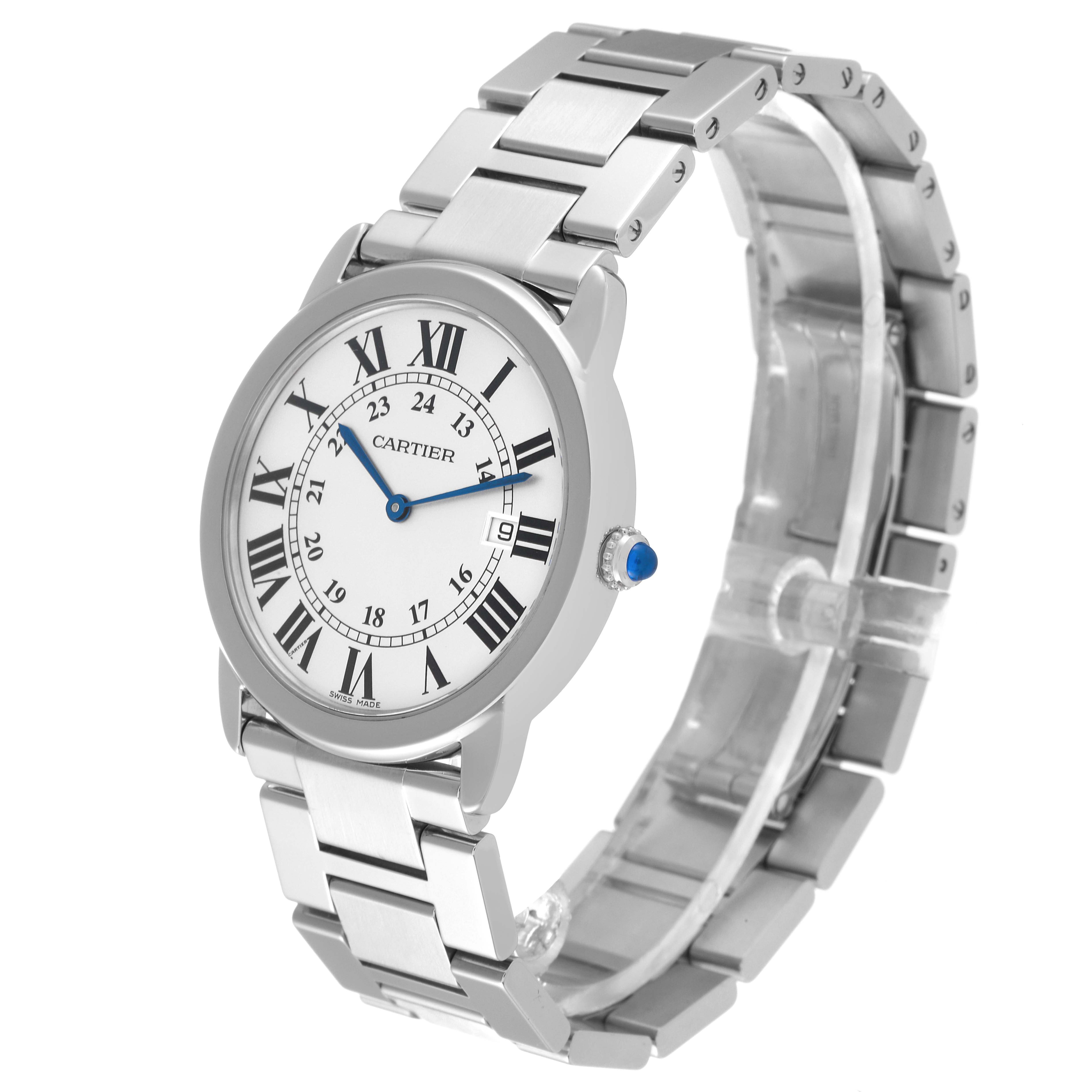 The Cartier Ronde W6701005 Men
s Stainless Steel Silver Dial W6701005 Men
s Stainless Steel Silver Dial watch is shown at an angled side view, displaying the face, band, and crown.