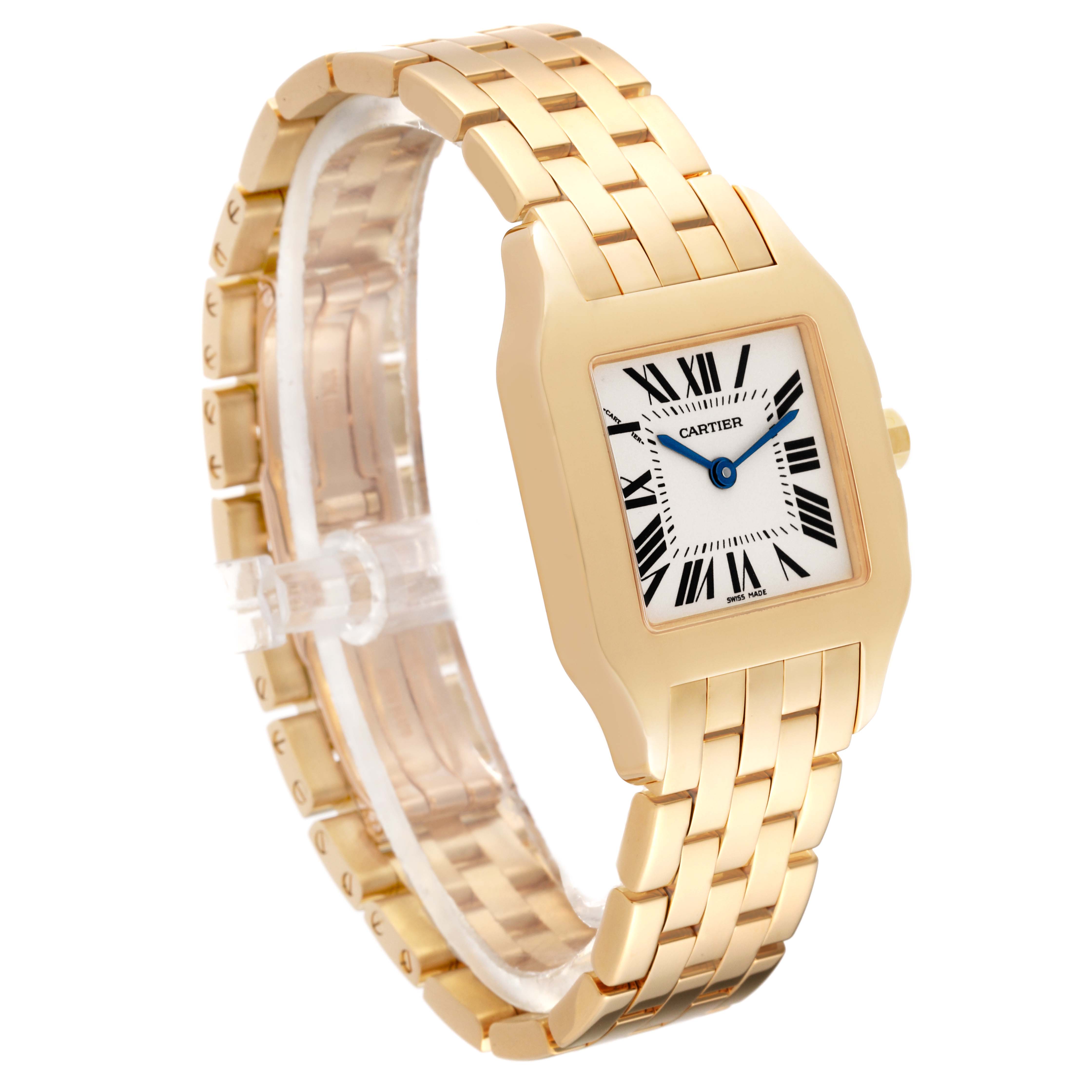 The image shows a Cartier Santos Demoiselle W25062X9 Women's Yellow Gold Silver Dial W25062X9 Women's Yellow Gold Silver Dial watch angled slightly to the side, highlighting its gold bracelet and square face with Roman numerals.