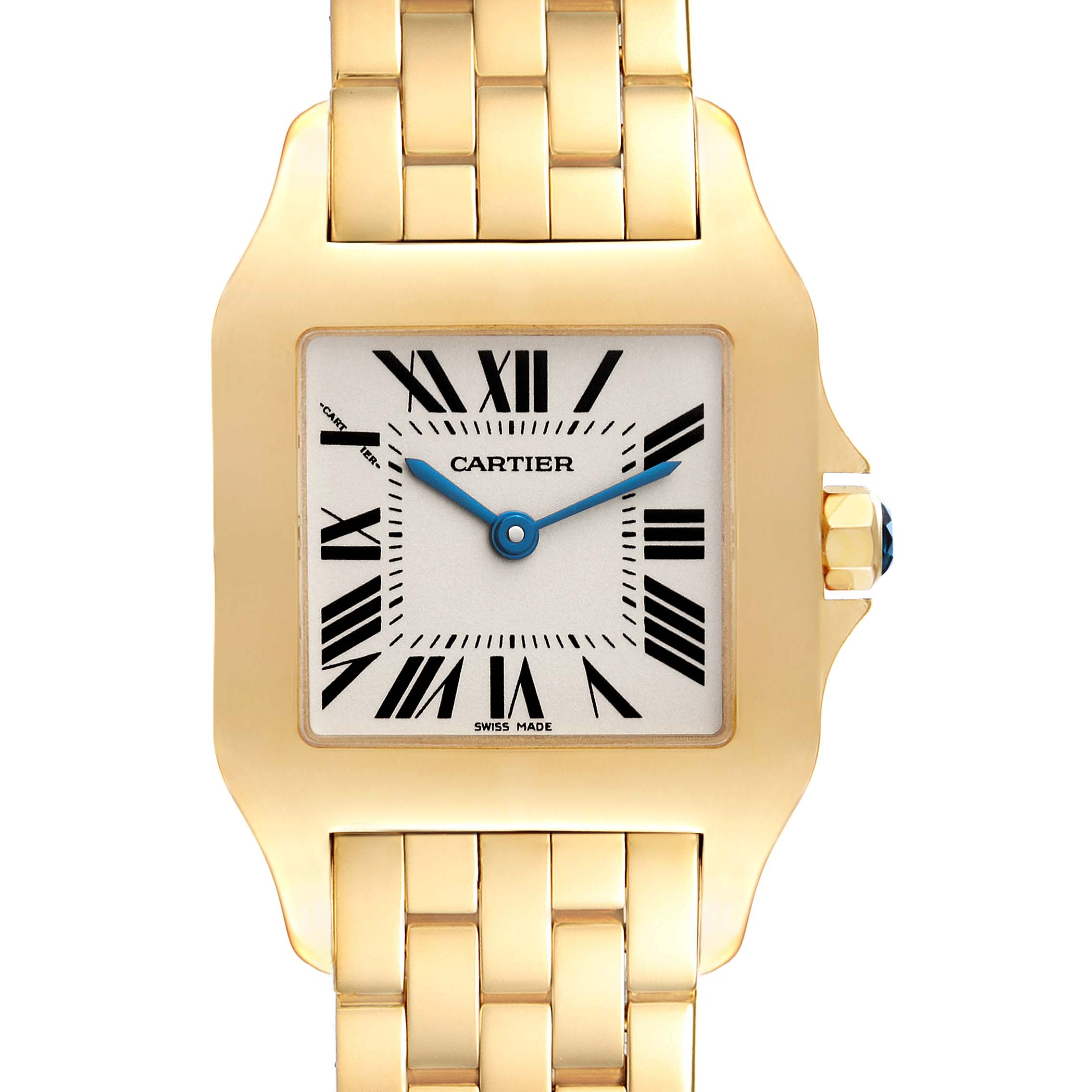 The image shows a front-facing view of a Cartier Santos Demoiselle W25062X9 Women's Yellow Gold Silver Dial W25062X9 Women's Yellow Gold Silver Dial watch, displaying the dial, hands, and part of the bracelet.