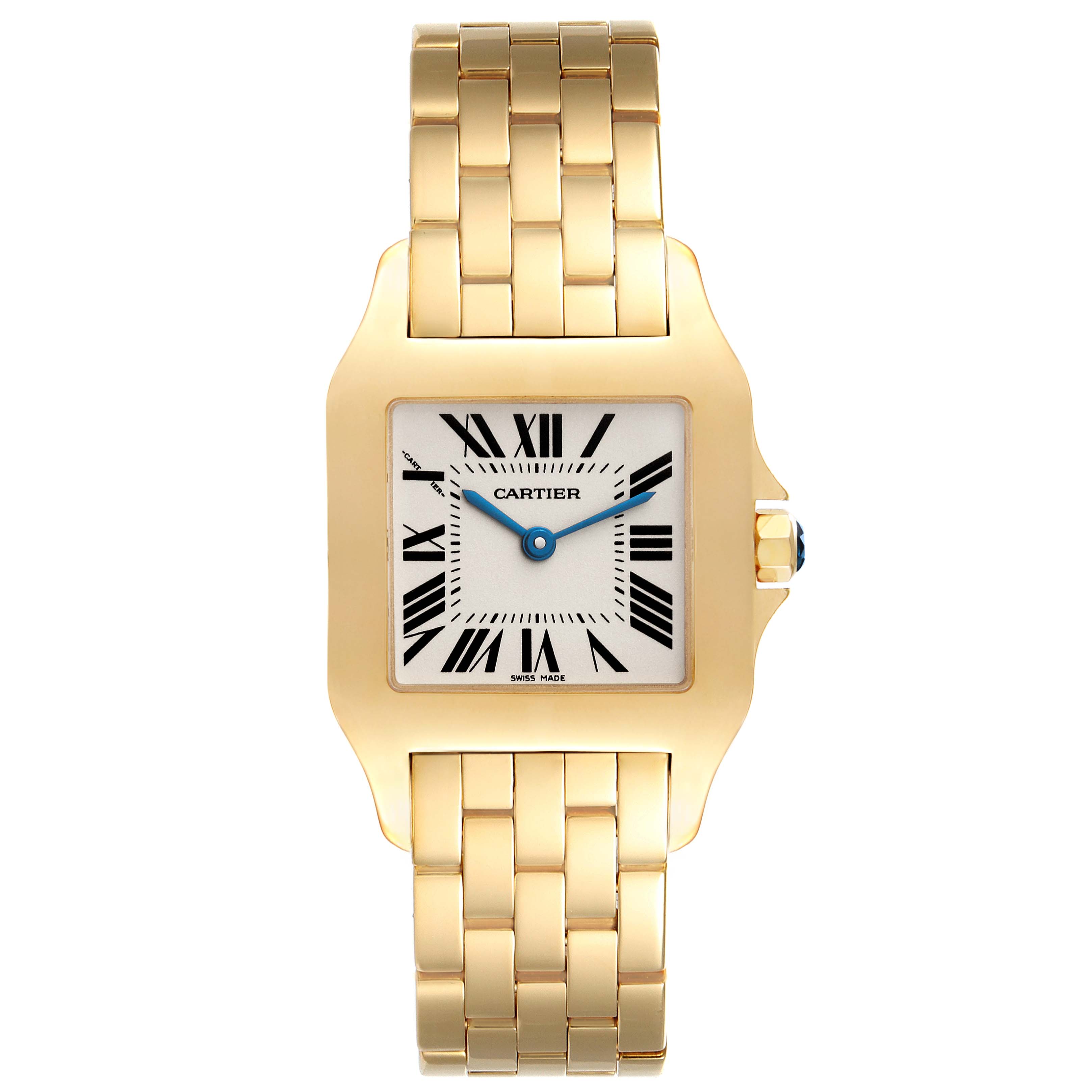 The image shows a front view of the Cartier Santos Demoiselle W25062X9 Women's Yellow Gold Silver Dial W25062X9 Women's Yellow Gold Silver Dial watch, displaying the face, bracelet, and bezel.