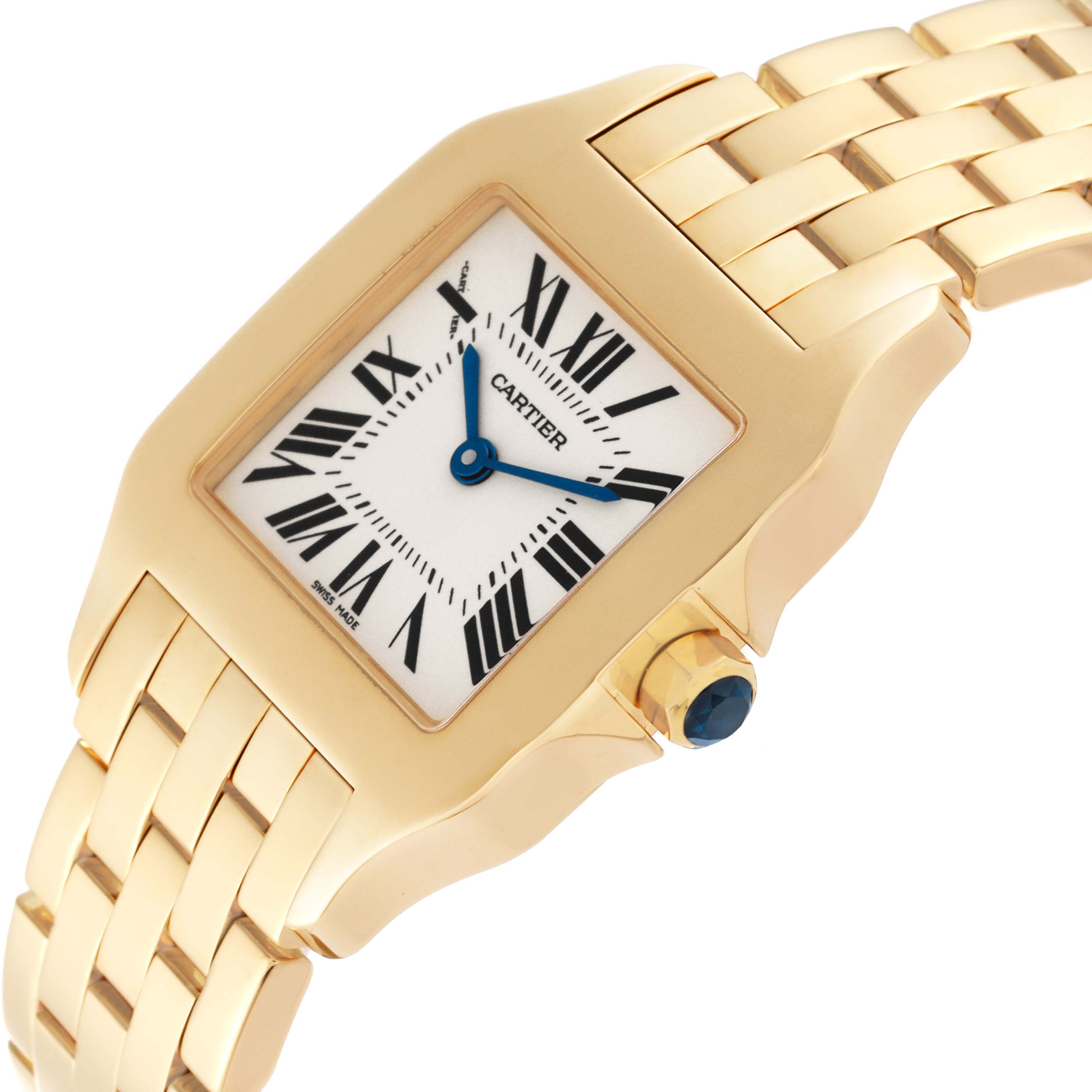 The image shows a close-up, angled view of a Cartier Santos Demoiselle W25062X9 Women's Yellow Gold Silver Dial W25062X9 Women's Yellow Gold Silver Dial's face, crown, and part of its gold bracelet.