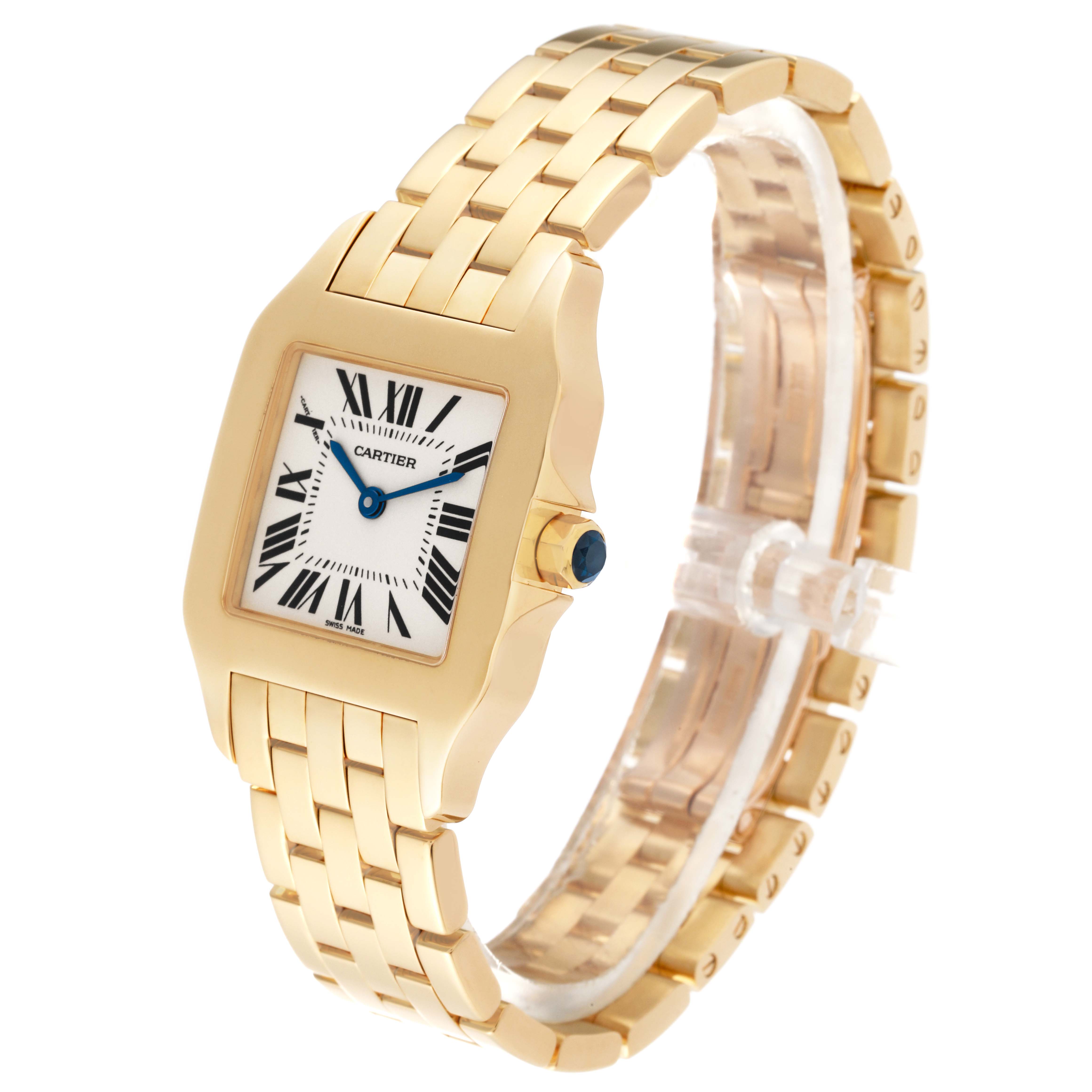 The image shows a Cartier Santos Demoiselle W25062X9 Women's Yellow Gold Silver Dial W25062X9 Women's Yellow Gold Silver Dial watch at a slight angle, highlighting the gold bracelet, face, and crown with a blue gem.