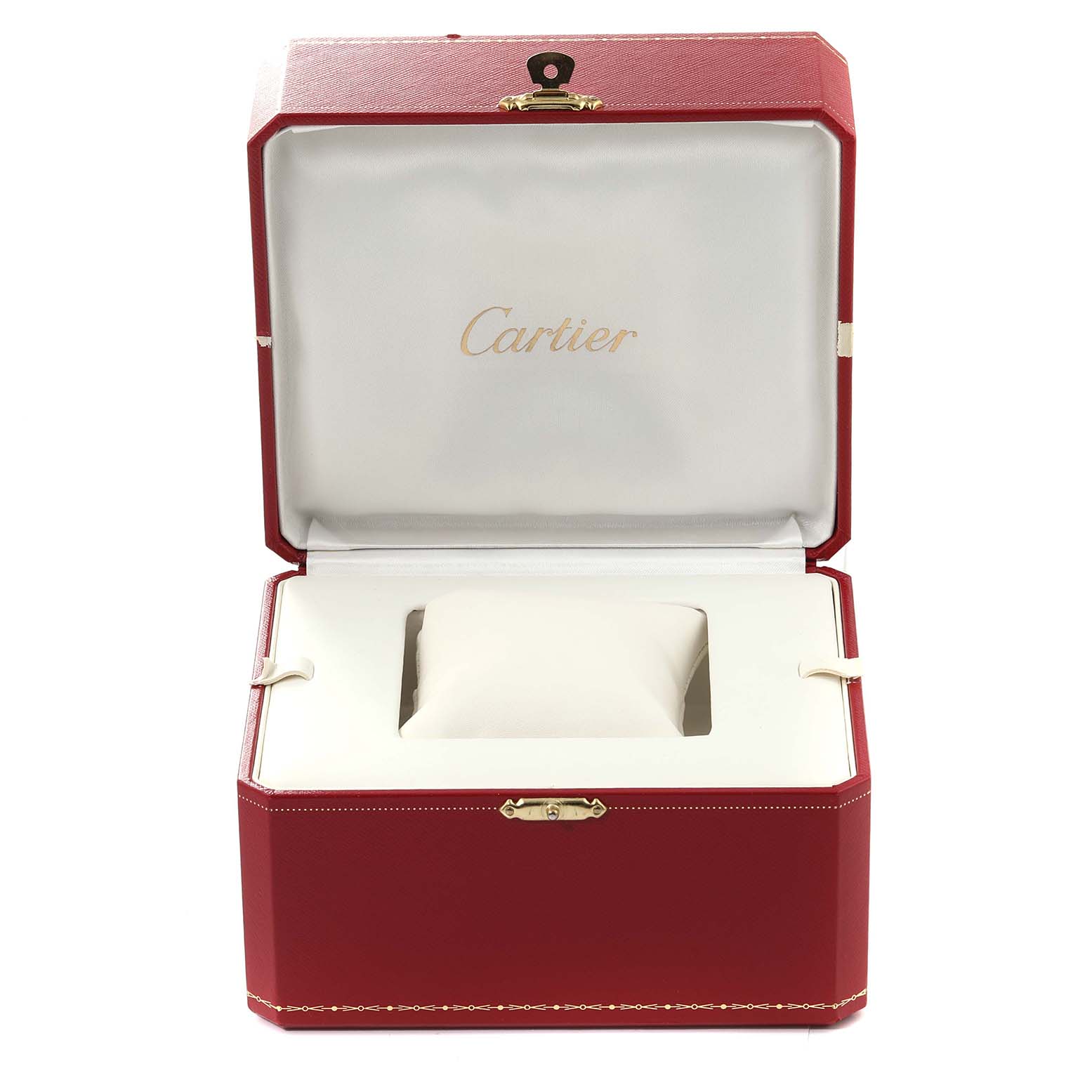The image displays an open Cartier watch box for the Santos Demoiselle model, showcasing its cushion and interior.