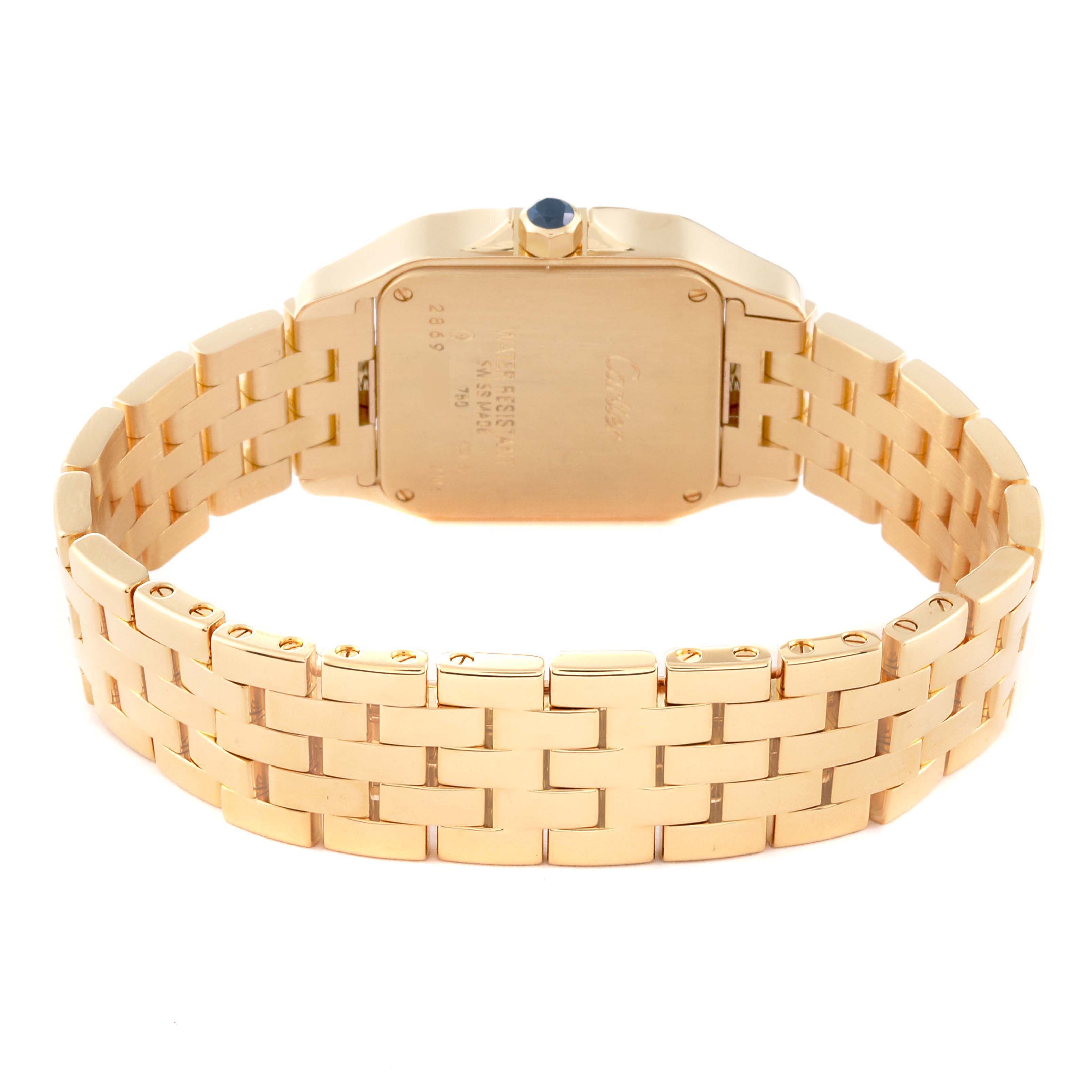 This image shows the back view of a Santos Demoiselle model by Cartier, highlighting its gold bracelet and case back.