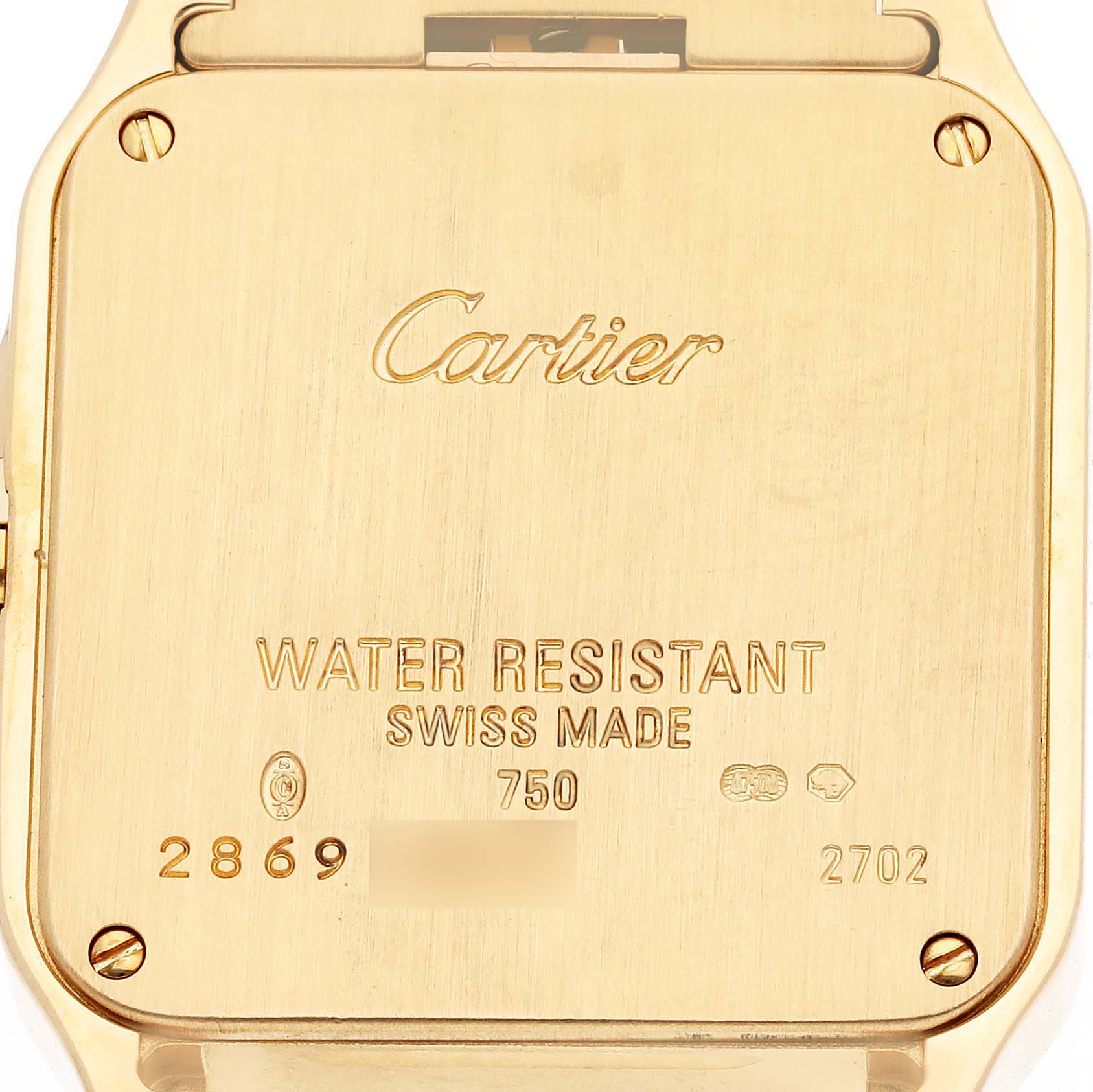 The image shows the back of a Cartier Santos Demoiselle W25062X9 Women's Yellow Gold Silver Dial W25062X9 Women's Yellow Gold Silver Dial watch, highlighting its engravings and water resistance details.