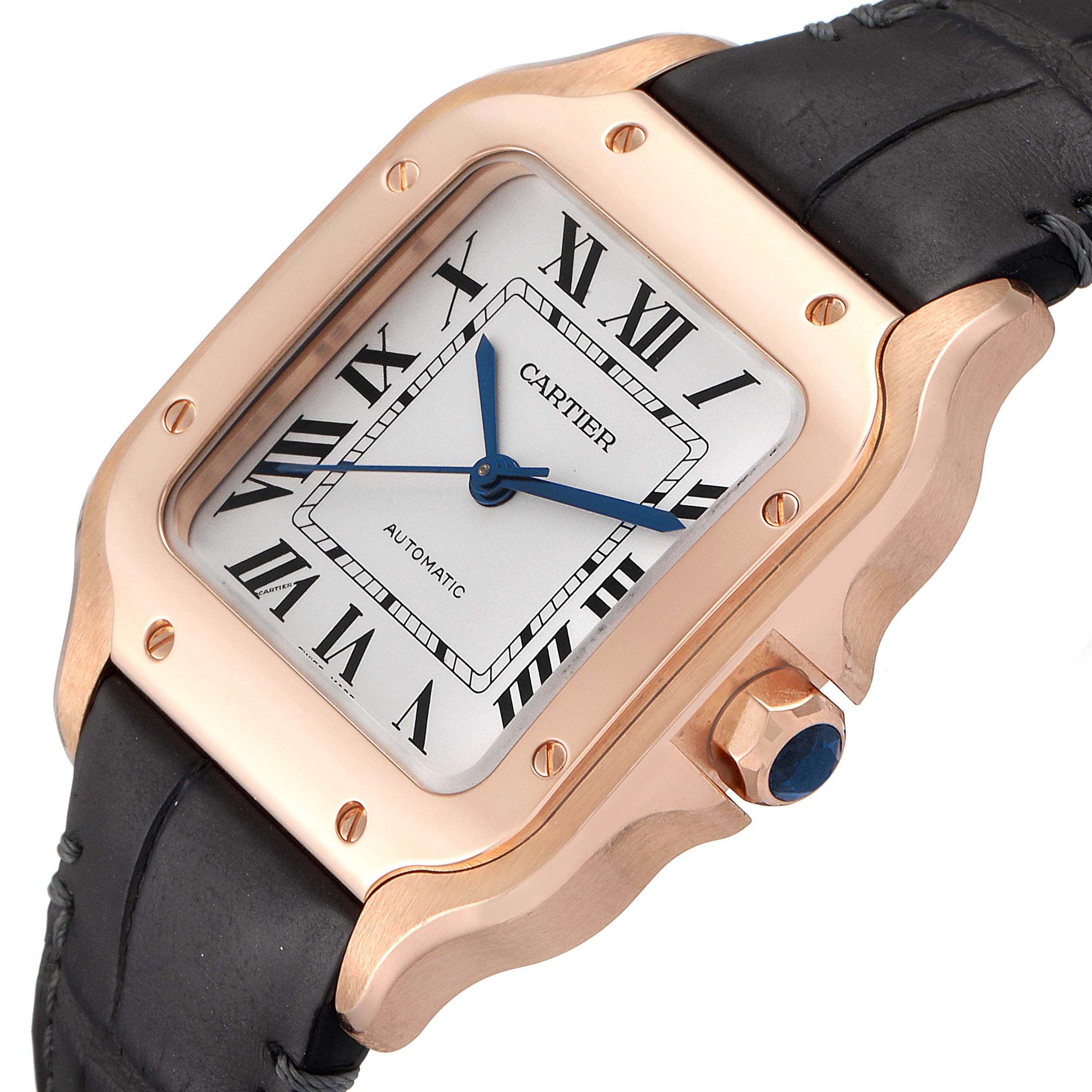 The image shows the Cartier Santos WGSA0012 Men's Rose Gold Silver Dial WGSA0012 Men's Rose Gold Silver Dial watch from a front angle, displaying its dial, case, crown, and part of the strap.