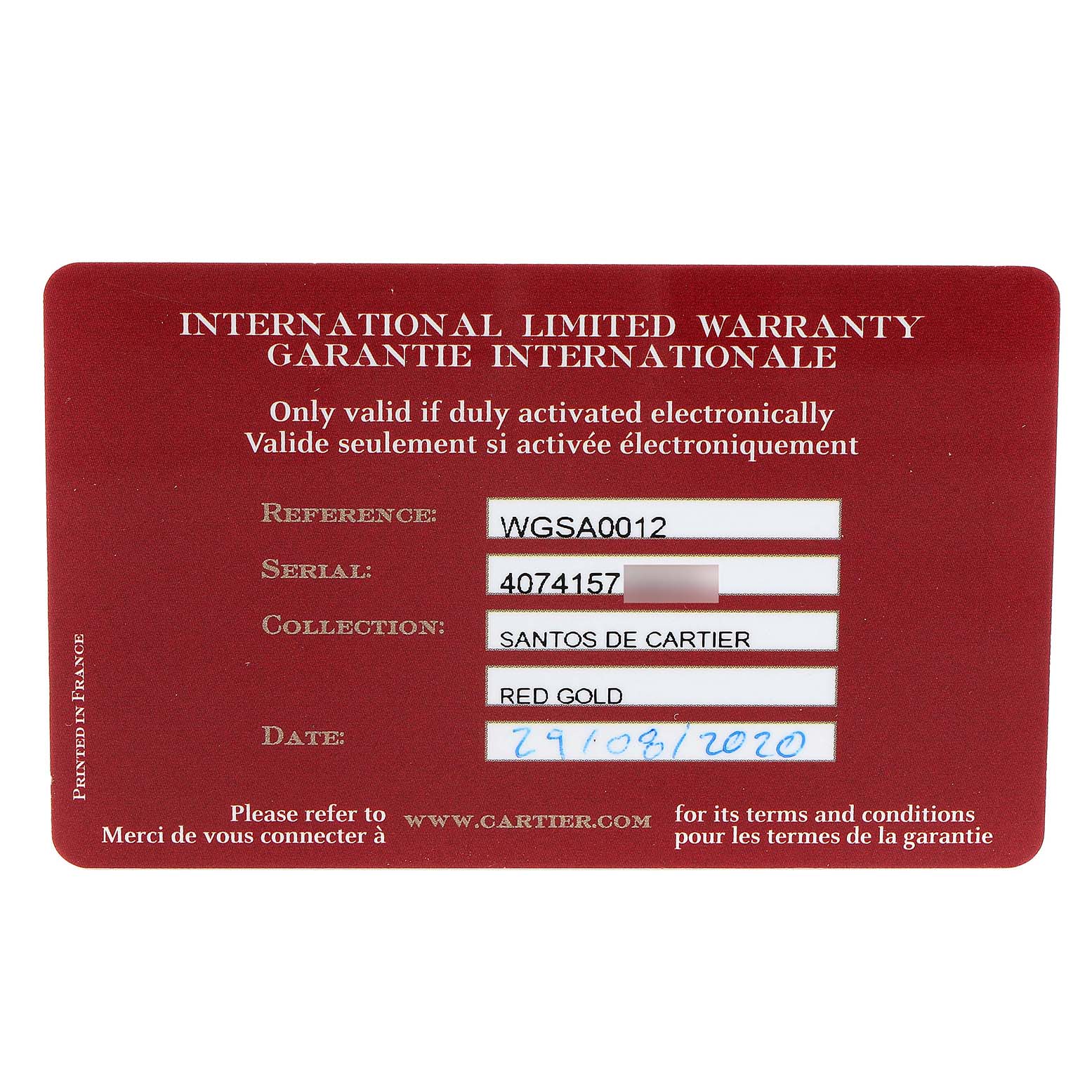 This is an image of an international limited warranty card for the Santos de Cartier watch model.