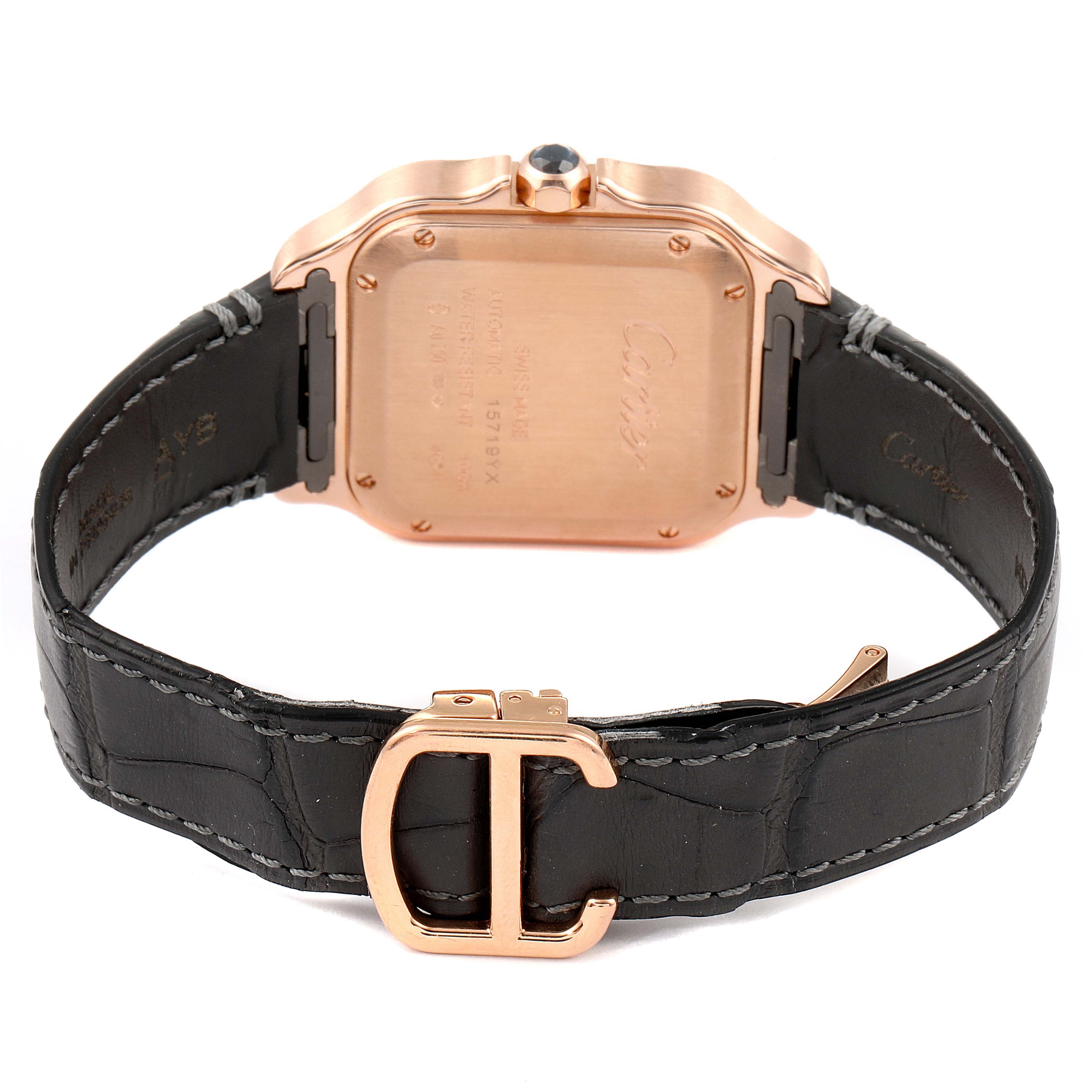 The image shows the back case and strap, including the buckle, of a Cartier Santos WGSA0012 Men's Rose Gold Silver Dial WGSA0012 Men's Rose Gold Silver Dial watch.