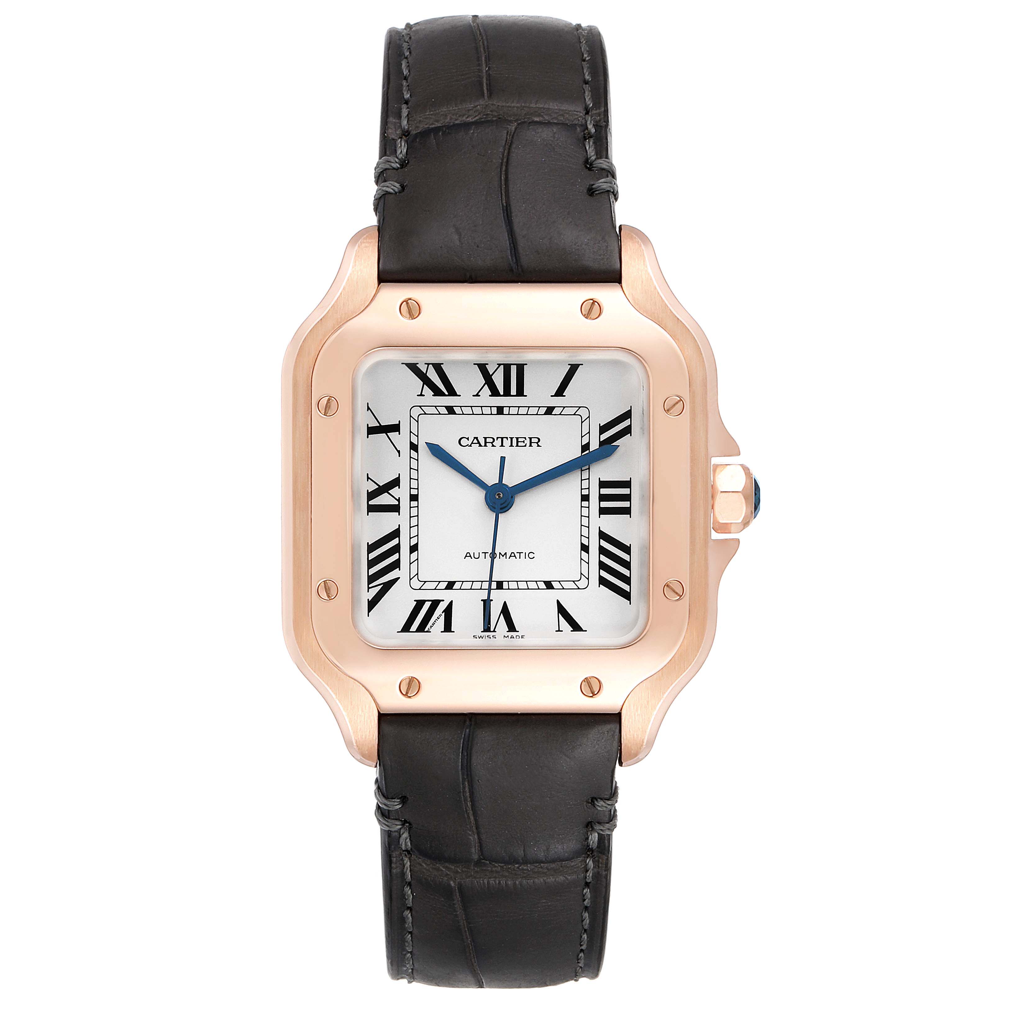 The Cartier Santos WGSA0012 Men's Rose Gold Silver Dial WGSA0012 Men's Rose Gold Silver Dial watch is shown from a top view, displaying the case, dial, hands, and leather strap.
