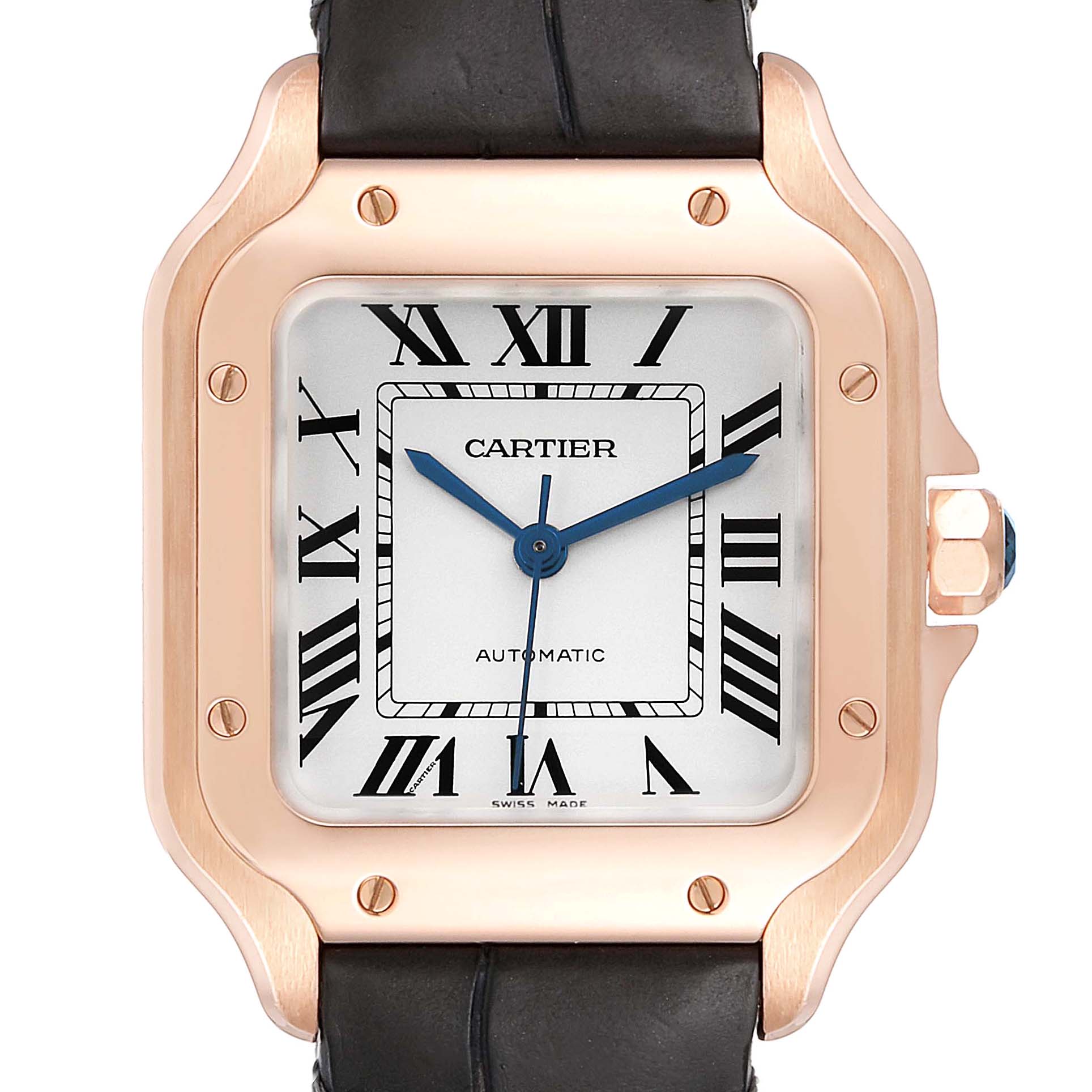 This image shows a front view of the Cartier Santos WGSA0012 Men's Rose Gold Silver Dial WGSA0012 Men's Rose Gold Silver Dial watch, displaying its face, bezel, crown, and part of the strap.