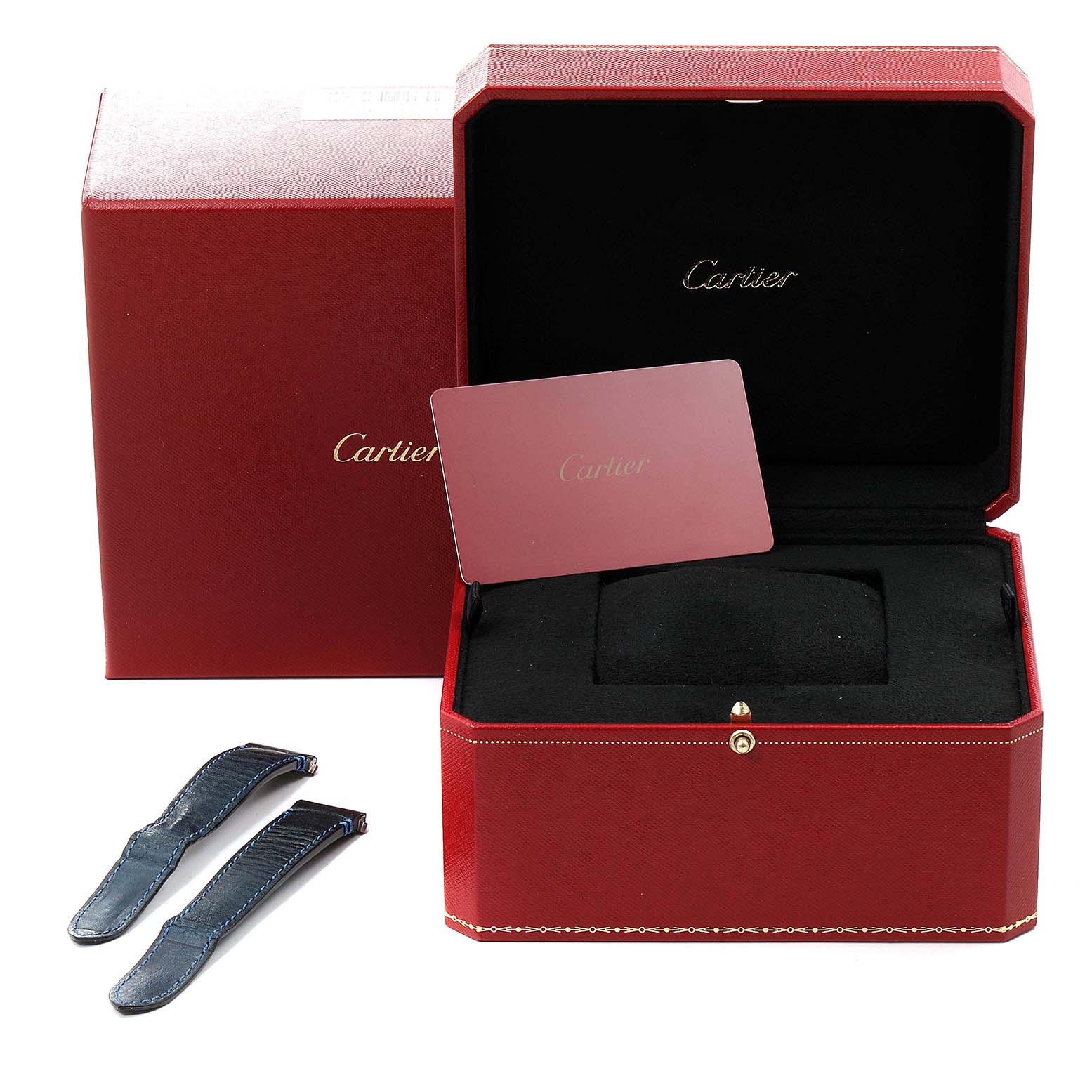 The image shows an open red Cartier box with a removed strap and a card for a Santos model watch.