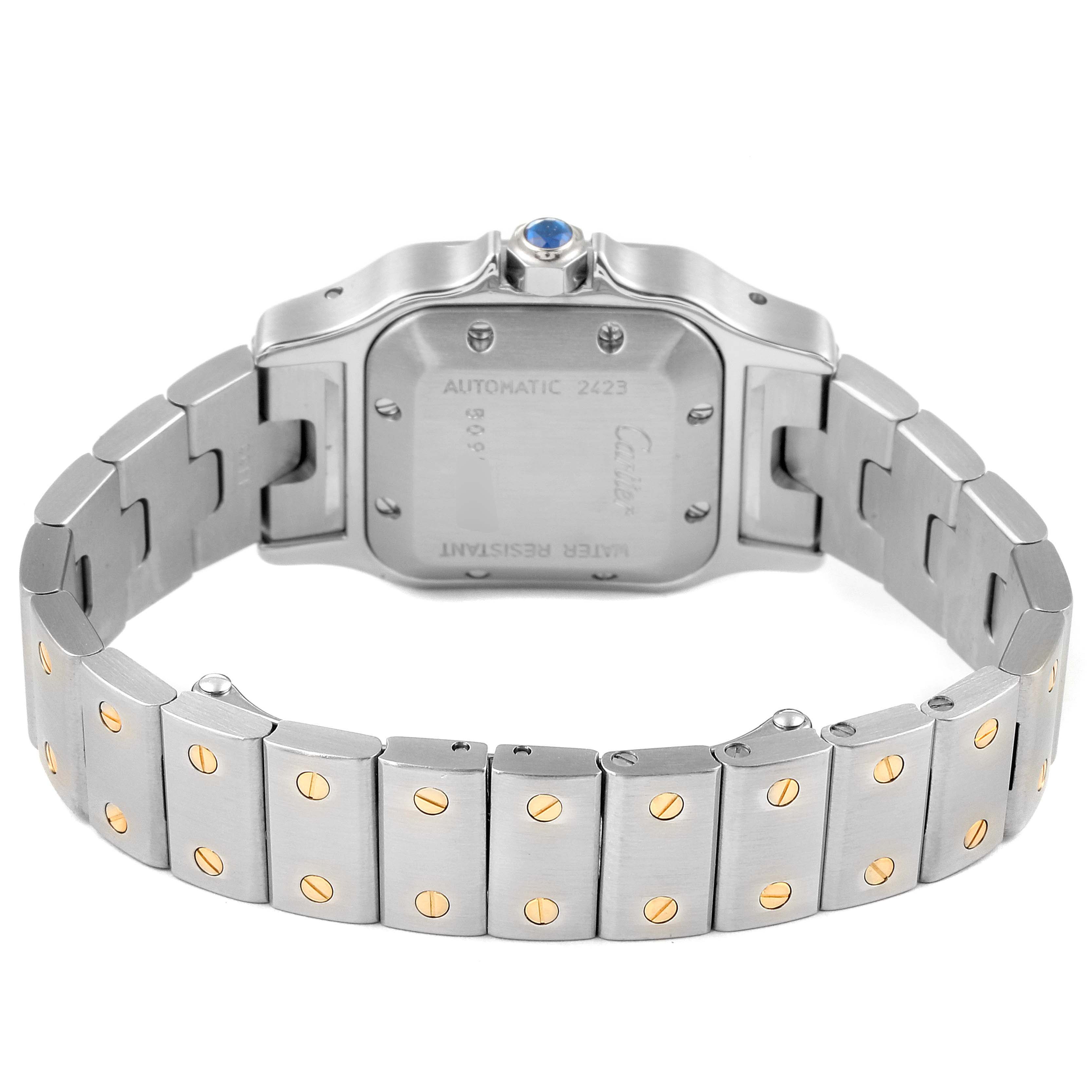 This image shows the back and bracelet of a Cartier Santos W20057C4 Women's Steel and Gold (two tone) Silver Dial W20057C4 Women's Steel and Gold (two tone) Silver Dial watch, focusing on the case back and band with gold screw accents.