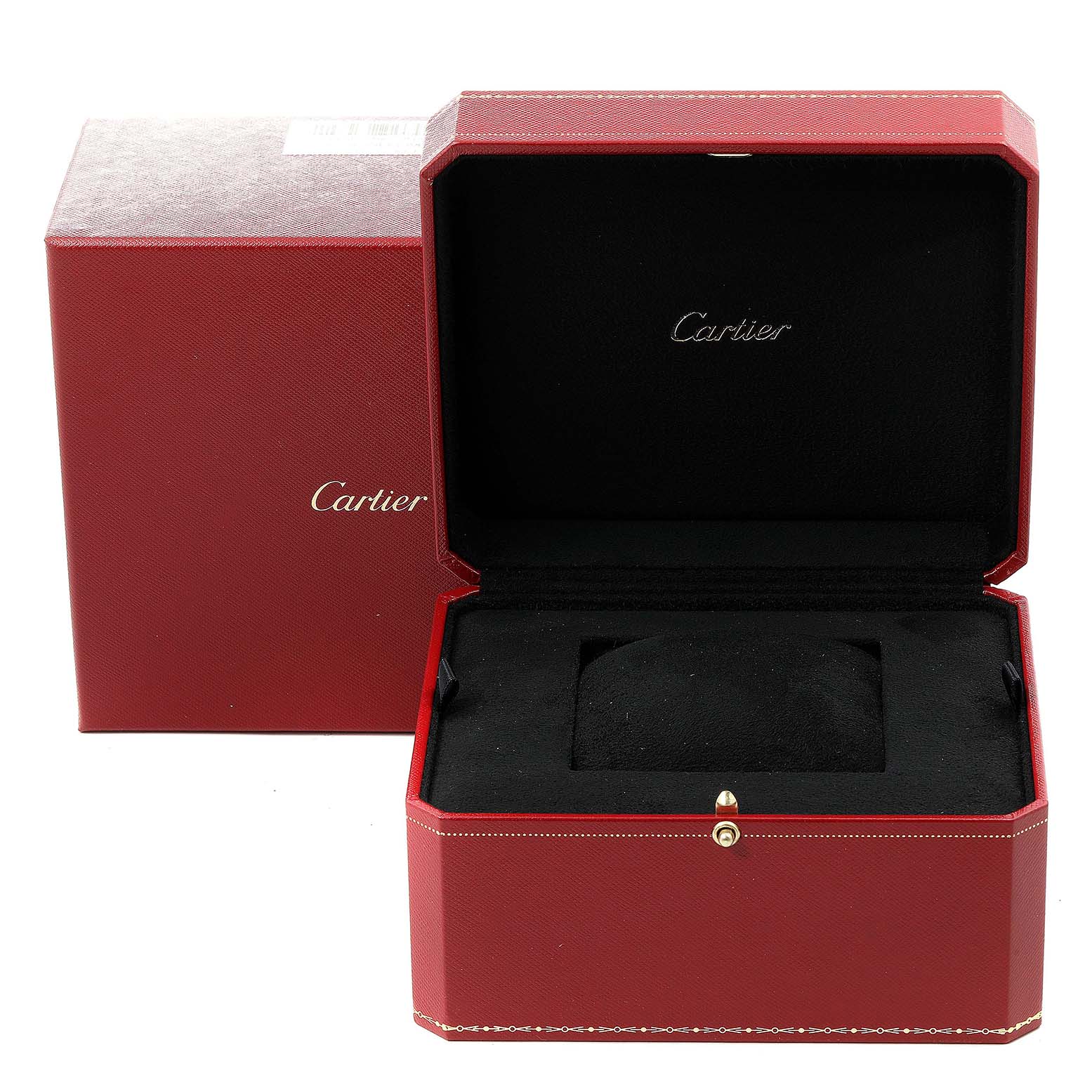 The image shows an open red Cartier box for the Santos watch model, revealing the inner velvet cushion and logo.