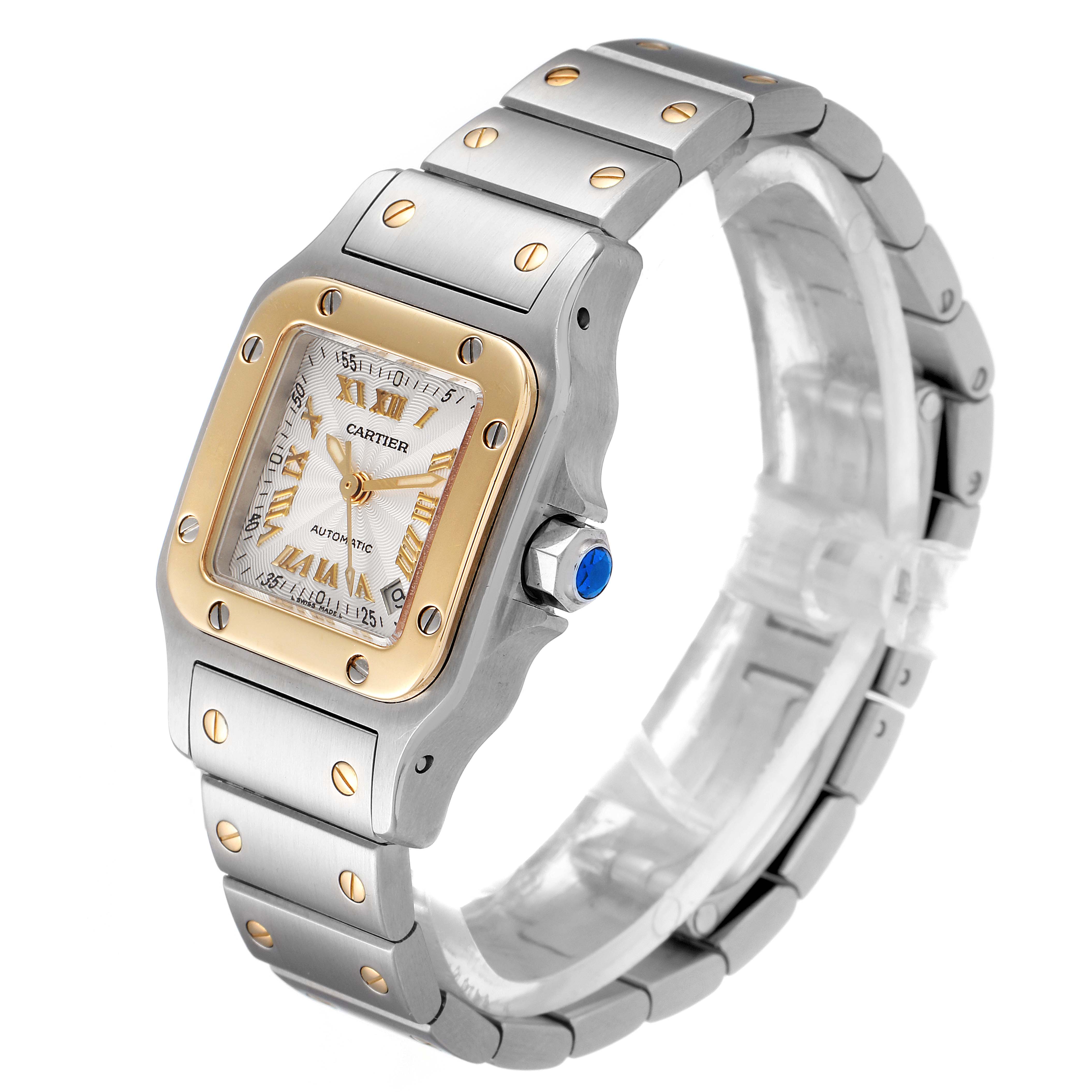 The image shows a side angle of a Cartier Santos W20057C4 Women's Steel and Gold (two tone) Silver Dial W20057C4 Women's Steel and Gold (two tone) Silver Dial watch, highlighting its two-tone design and the bracelet with gold screws.