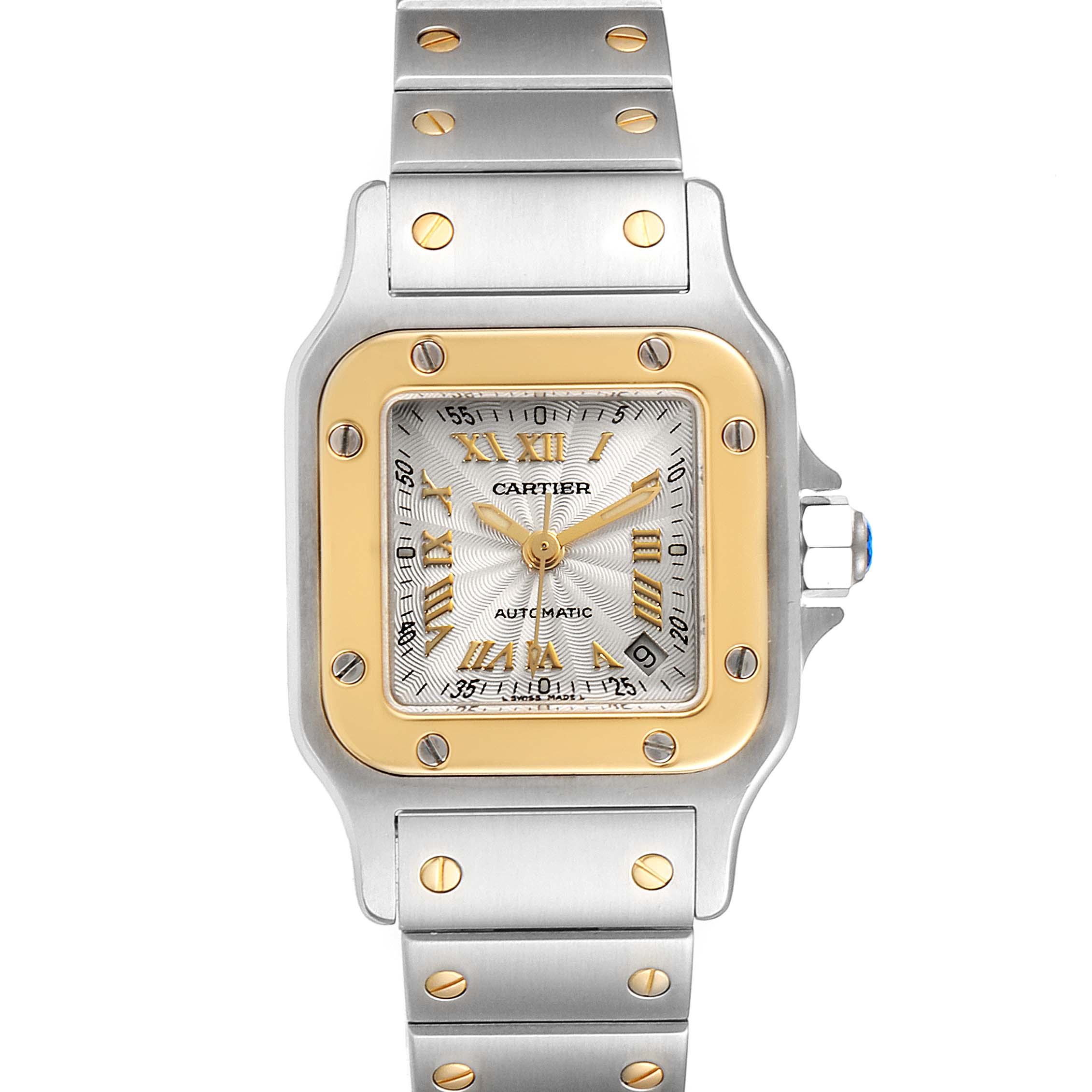 The image displays a front view of a Santos de Cartier watch showing the face, bezel, and part of the bracelet.