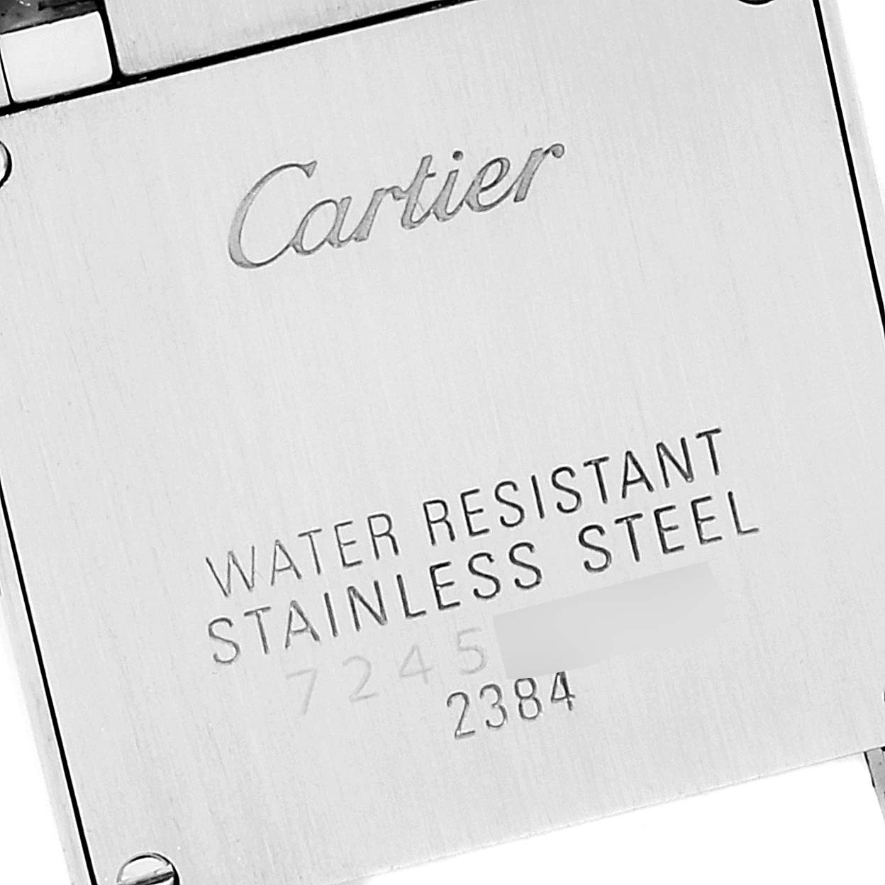 The image shows the back case of the Cartier Tank Francaise W51028Q3 Women's Stainless Steel Mother of Pearl Dial W51028Q3 Women's Stainless Steel Mother of Pearl Dial watch, highlighting the brand name and water resistance details.