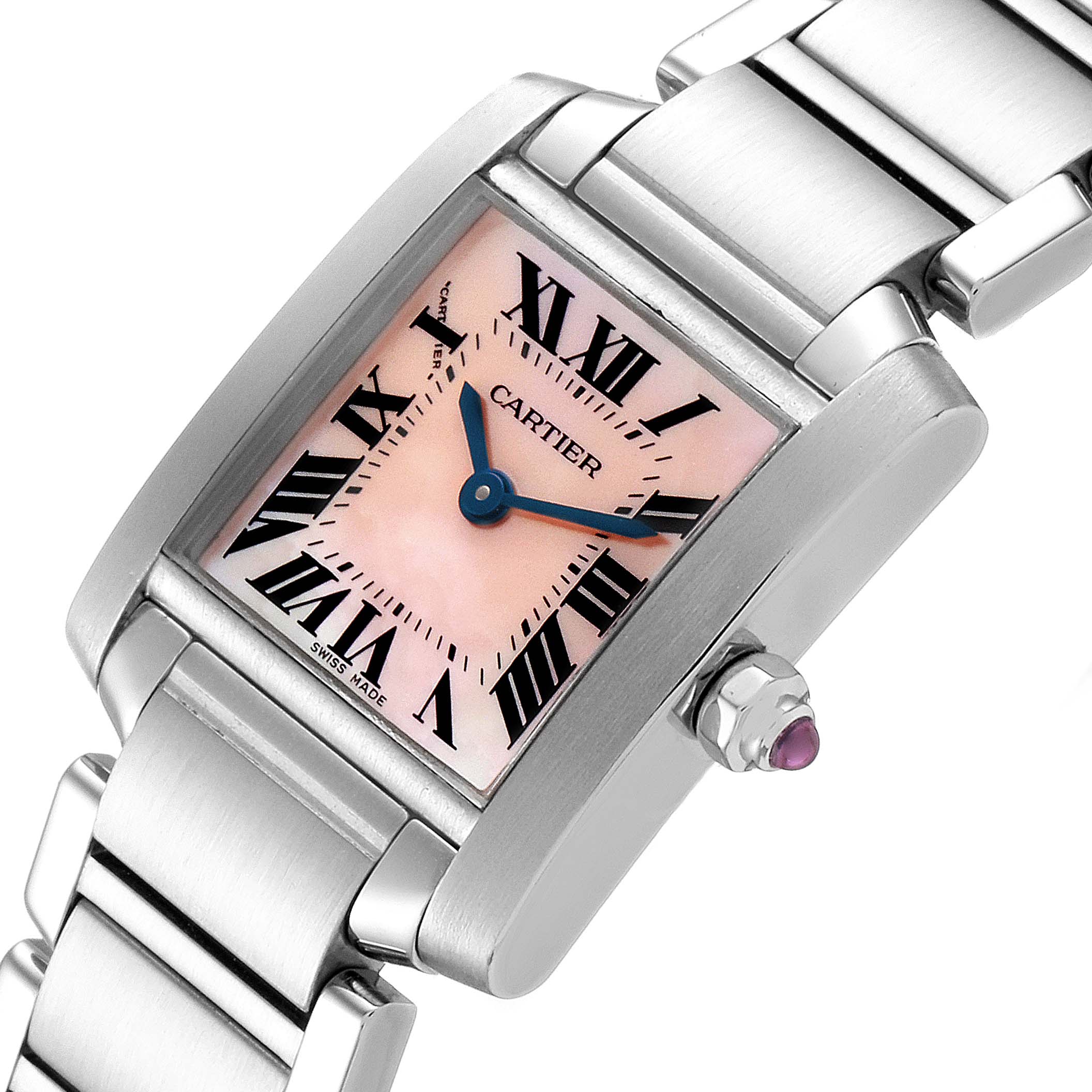 The image shows a close-up angle of the Cartier Tank Francaise W51028Q3 Women's Stainless Steel Mother of Pearl Dial W51028Q3 Women's Stainless Steel Mother of Pearl Dial watch, displaying its face, bracelet, and crown.