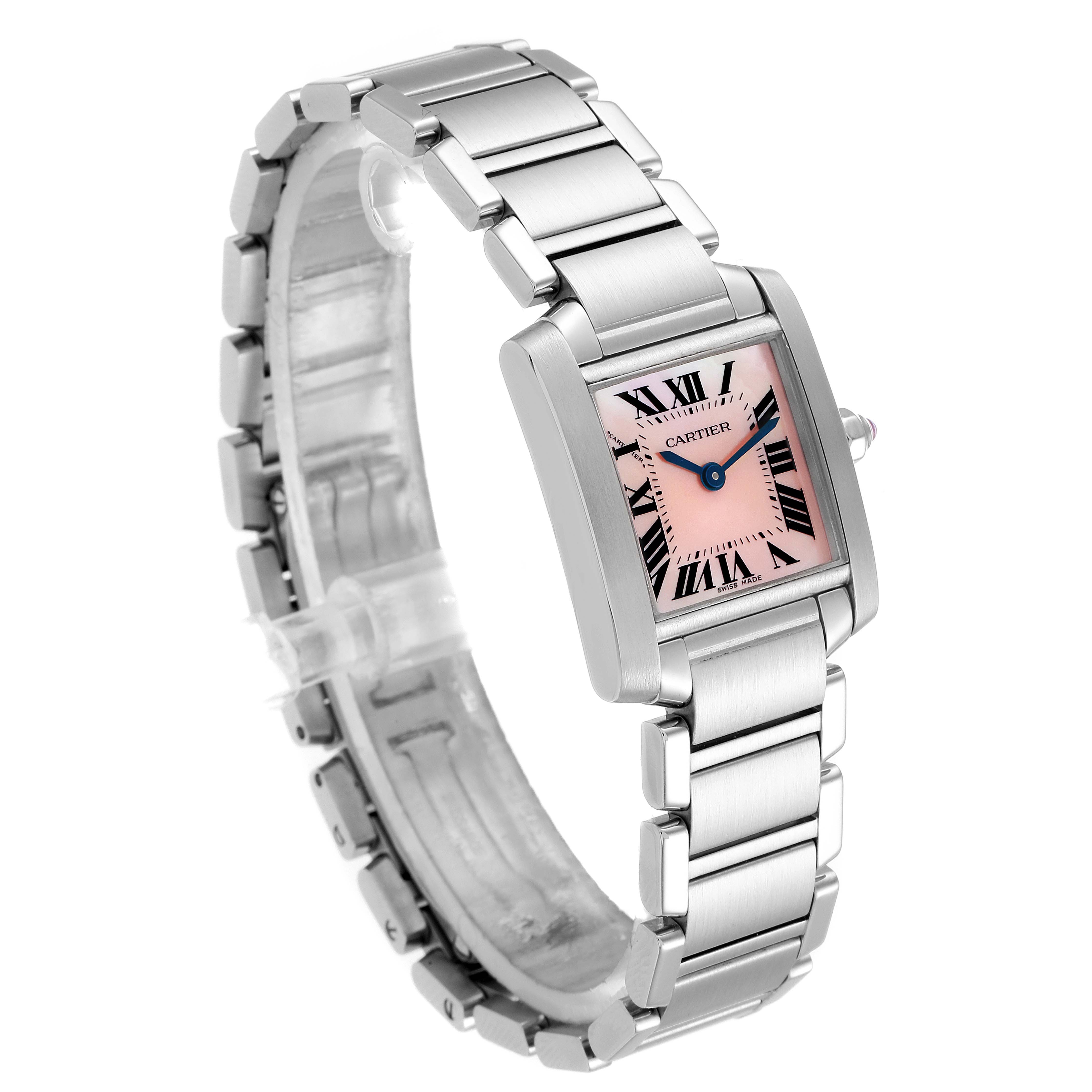 The Cartier Tank Francaise W51028Q3 Women's Stainless Steel Mother of Pearl Dial W51028Q3 Women's Stainless Steel Mother of Pearl Dial watch is shown at a slight angle, displaying its bracelet, rectangular face, and pink dial with Roman numerals.