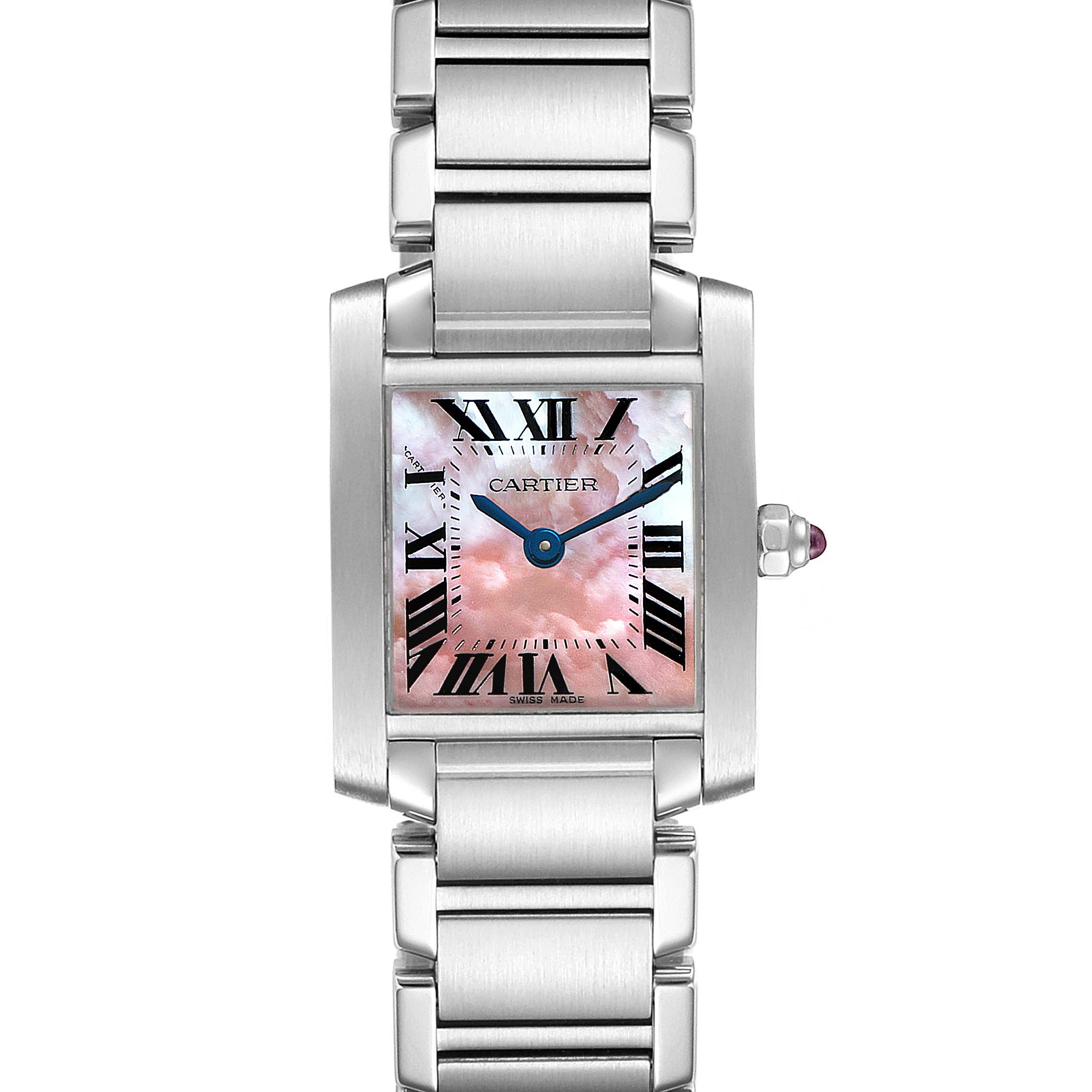 The image shows a frontal view of the Cartier Tank Francaise W51028Q3 Women's Stainless Steel Mother of Pearl Dial W51028Q3 Women's Stainless Steel Mother of Pearl Dial watch, displaying the face, bracelet, and crown with a pink dial.